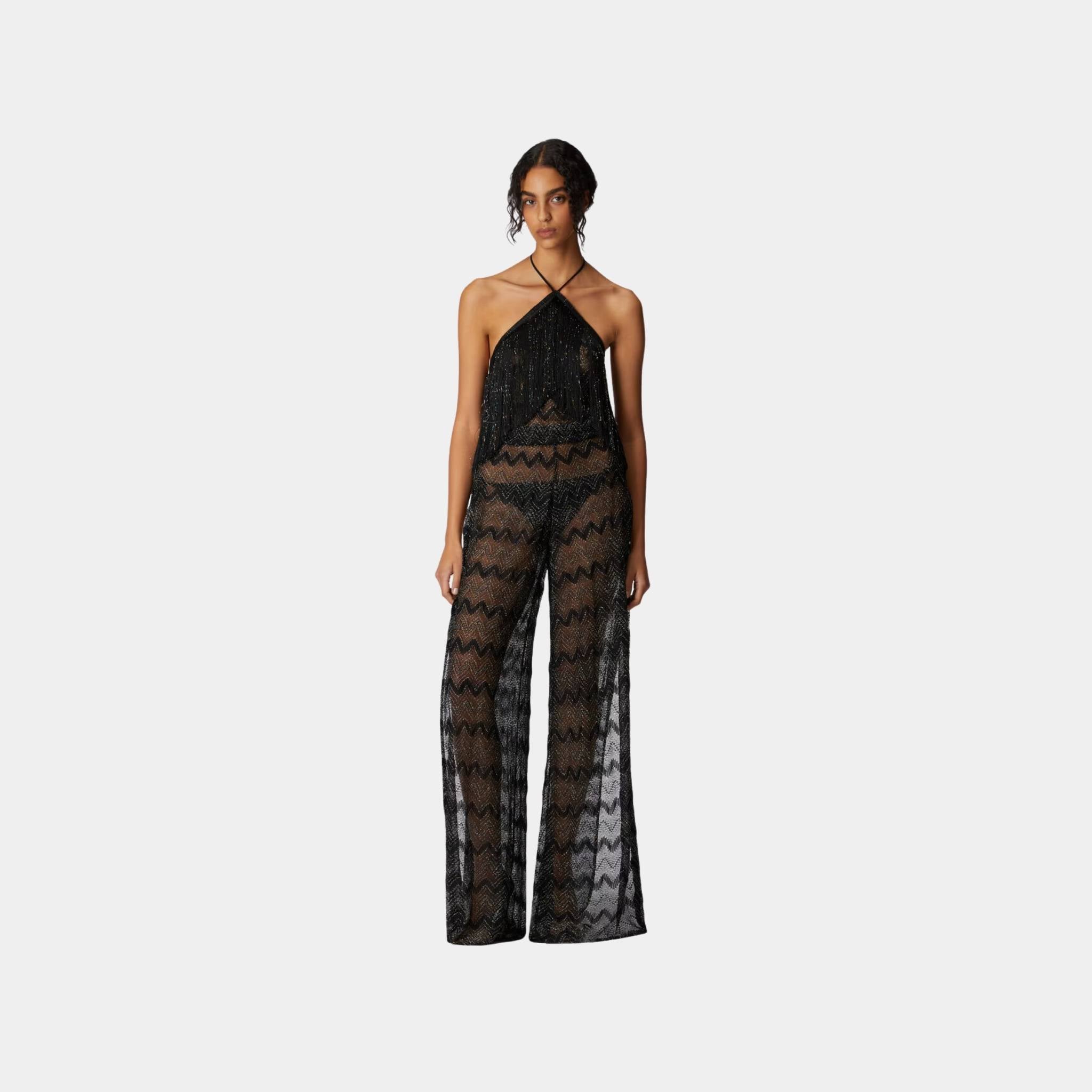 Zigzag Lame Viscose Jumpsuit With Fringes