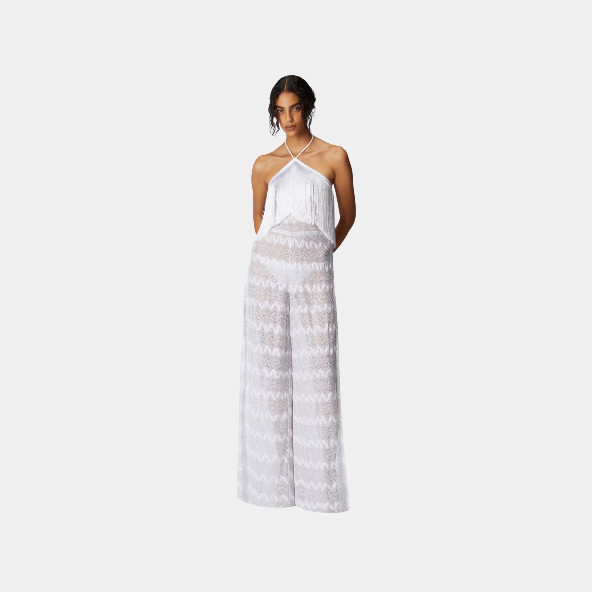 Zigzag Lame Viscose Jumpsuit With Fringes