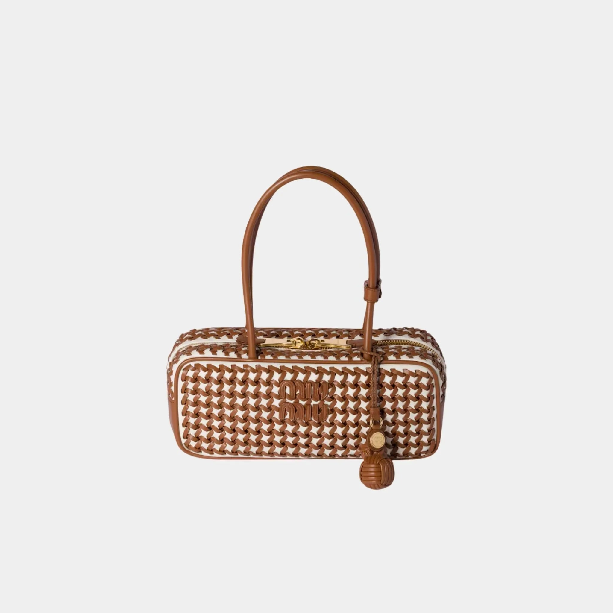 Miu Miu Beau Calfskin Leather Bag with Two-tone Motif, Cognac, White, Front