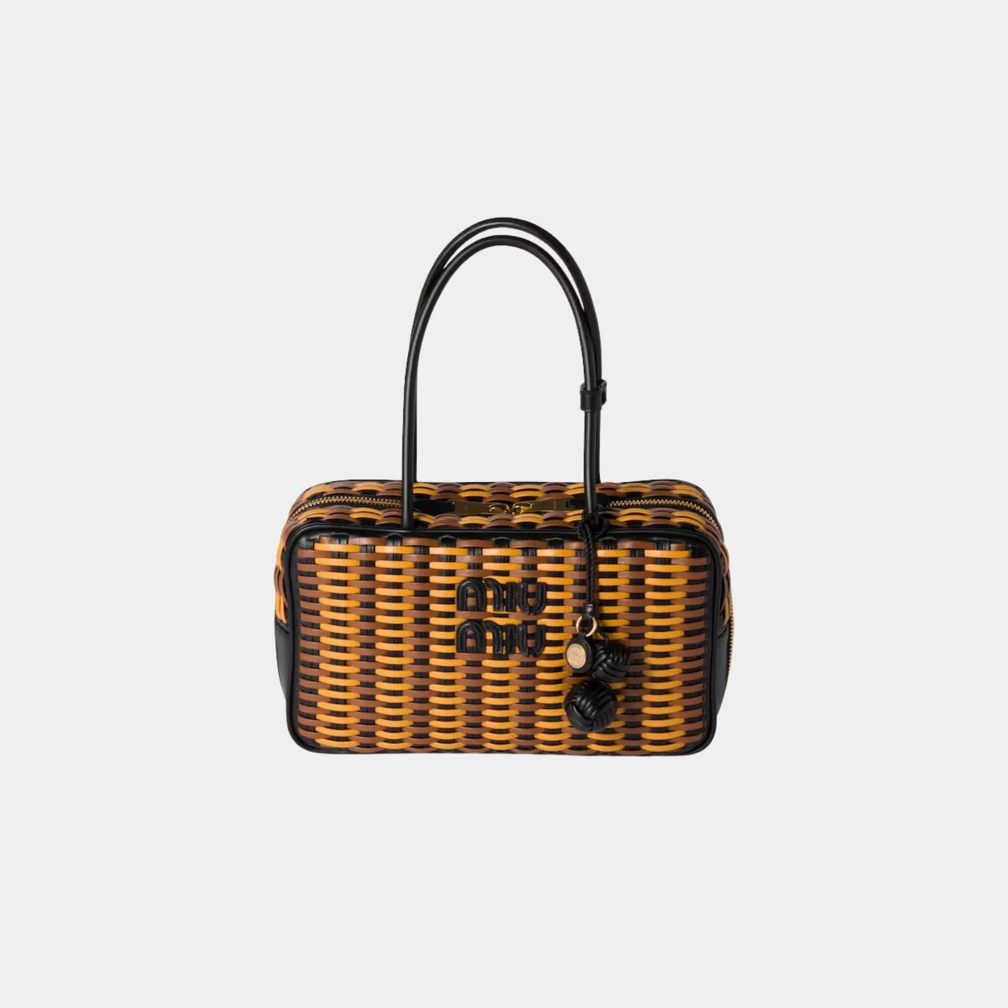 Miu Miu Beau Calfskin Leather Bag in Woven Pattern, Black, Cognac, Ochre, Front