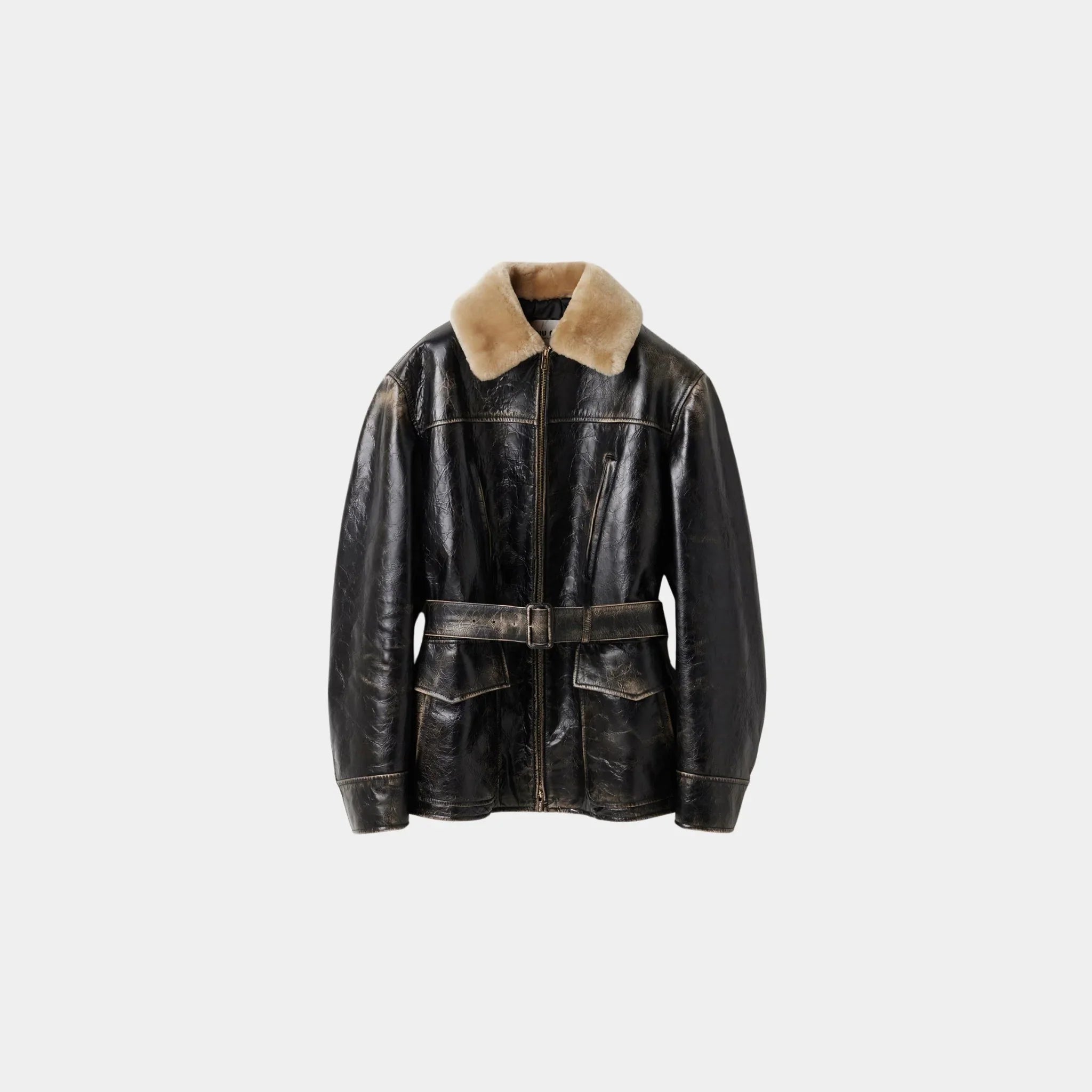 Miu Miu Calf Leather Caban Jacket, Black, Front
