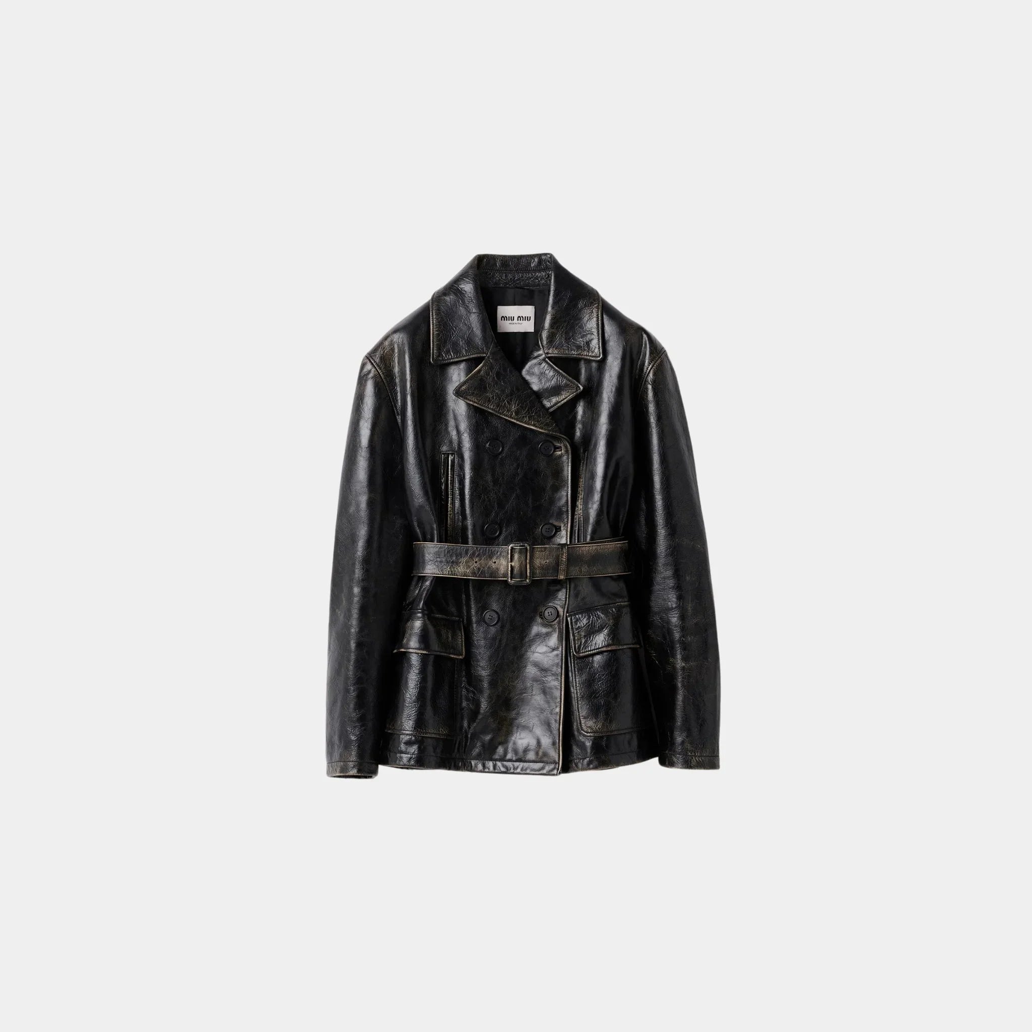 Miu Miu Double-breasted Calfskin Leather Caban Jacket, Black, Front
