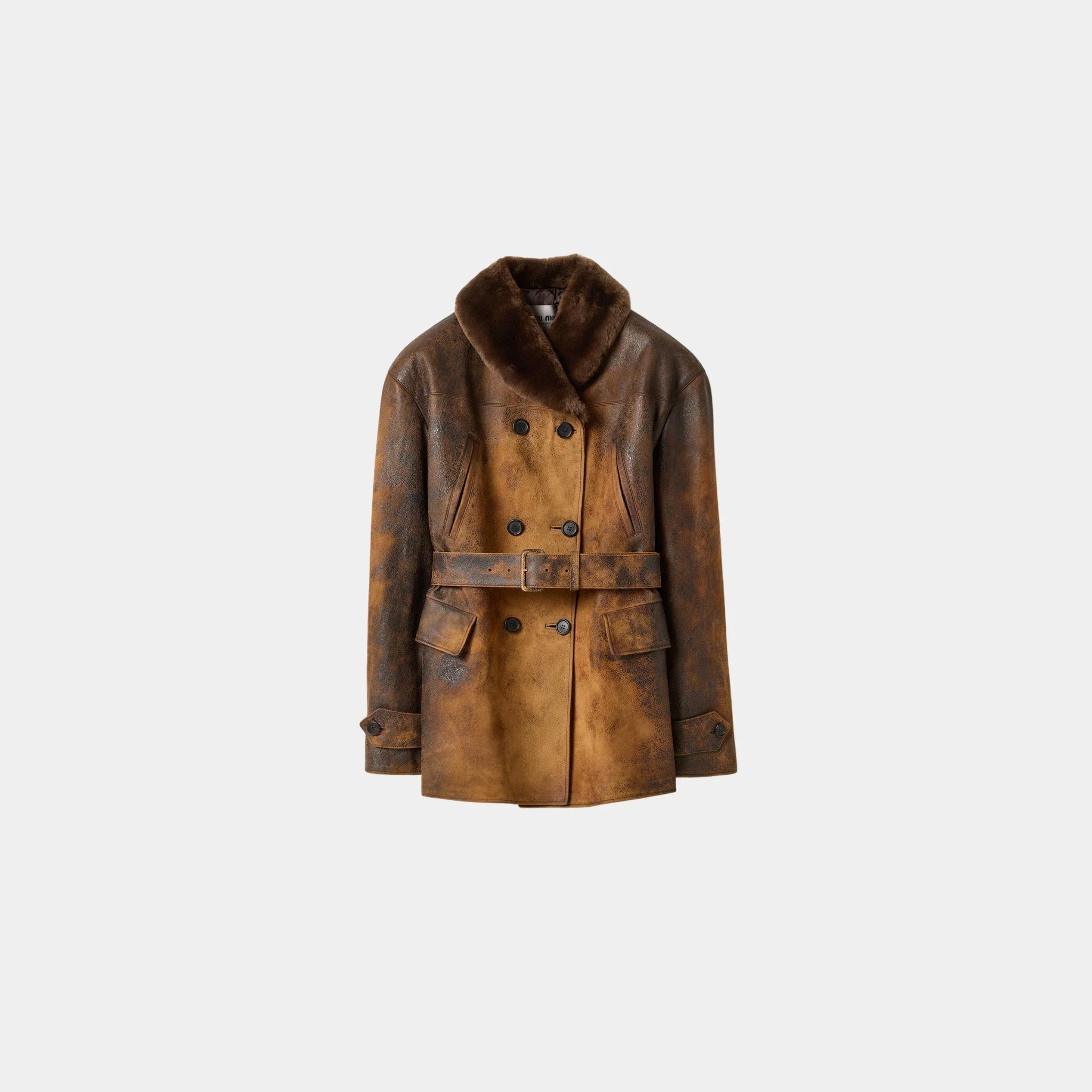 Miu Miu Double-breasted Waxed Lambskin Suede Caban Jacket, Cognac, Front