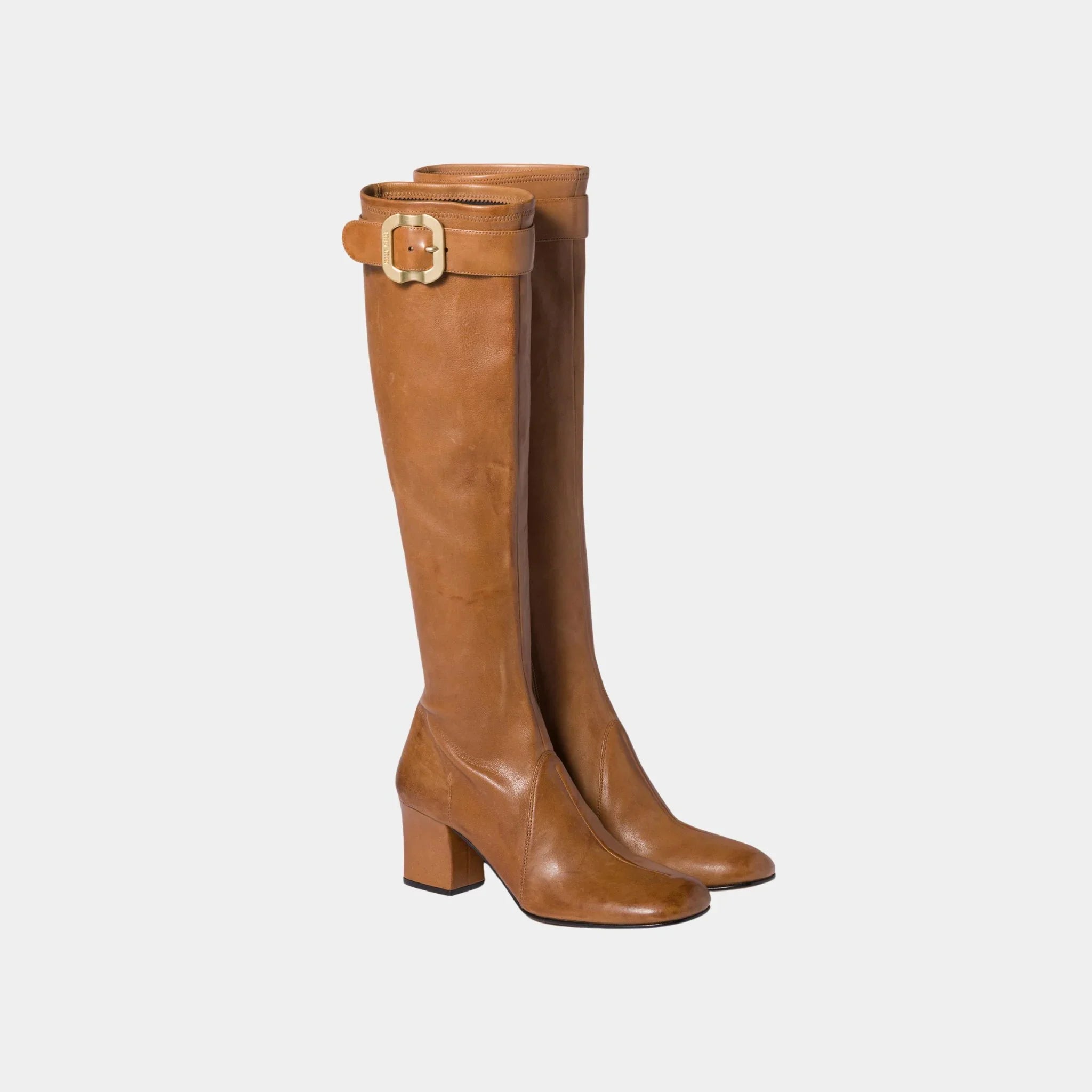 Miu Miu Nappa Leather Boots with Buckle, Caramel, Front