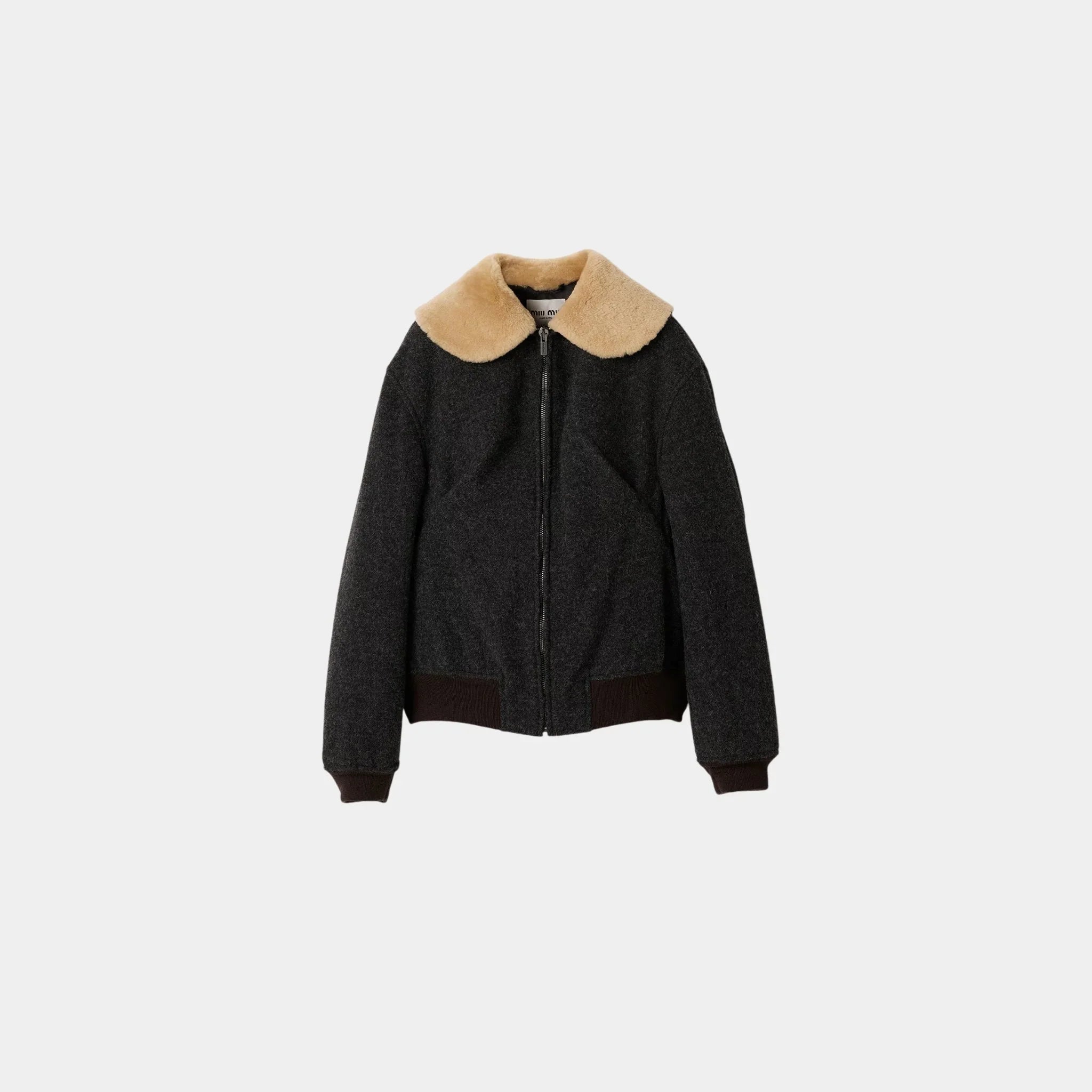 Miu Miu Shetland Wool Blouson Jacket, Anthracite Gray, Front