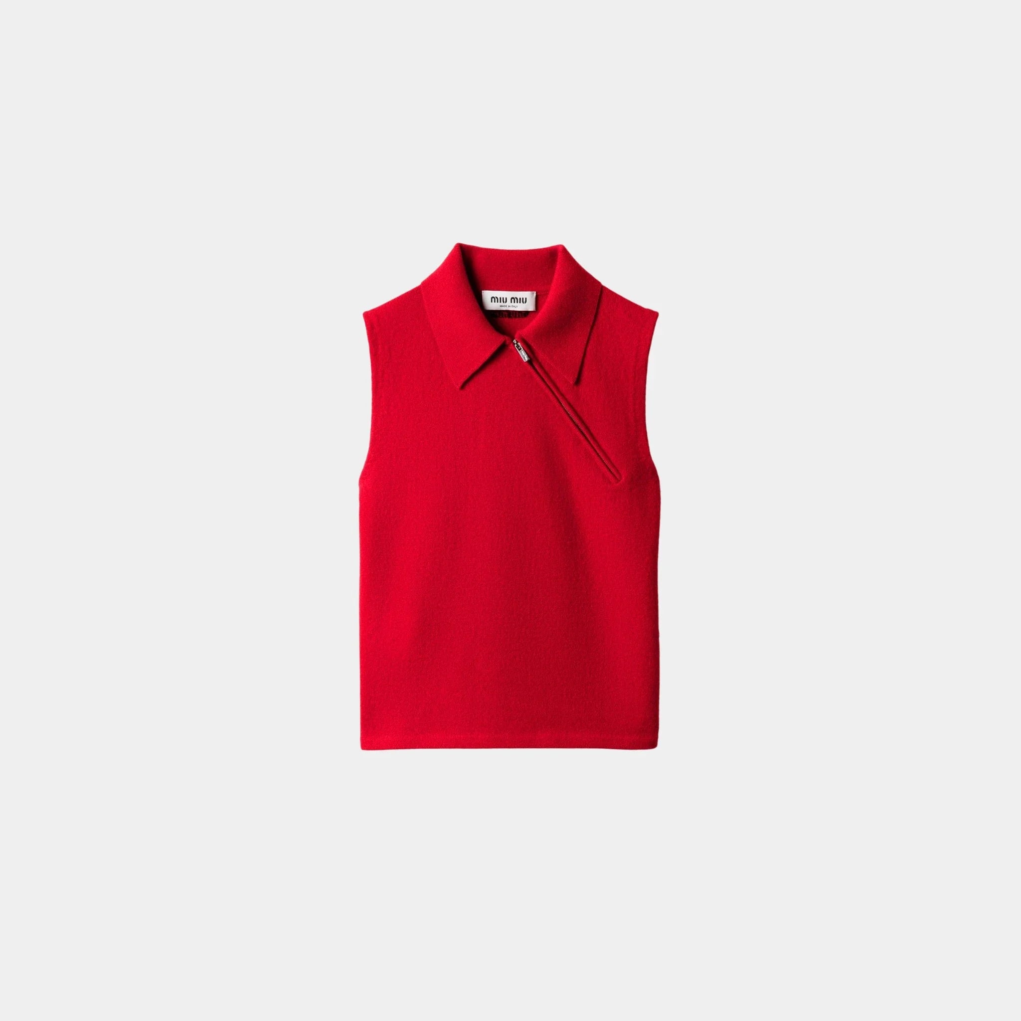 Miu Miu Sleeveless Cashmere Polo Shirt, Red, Front