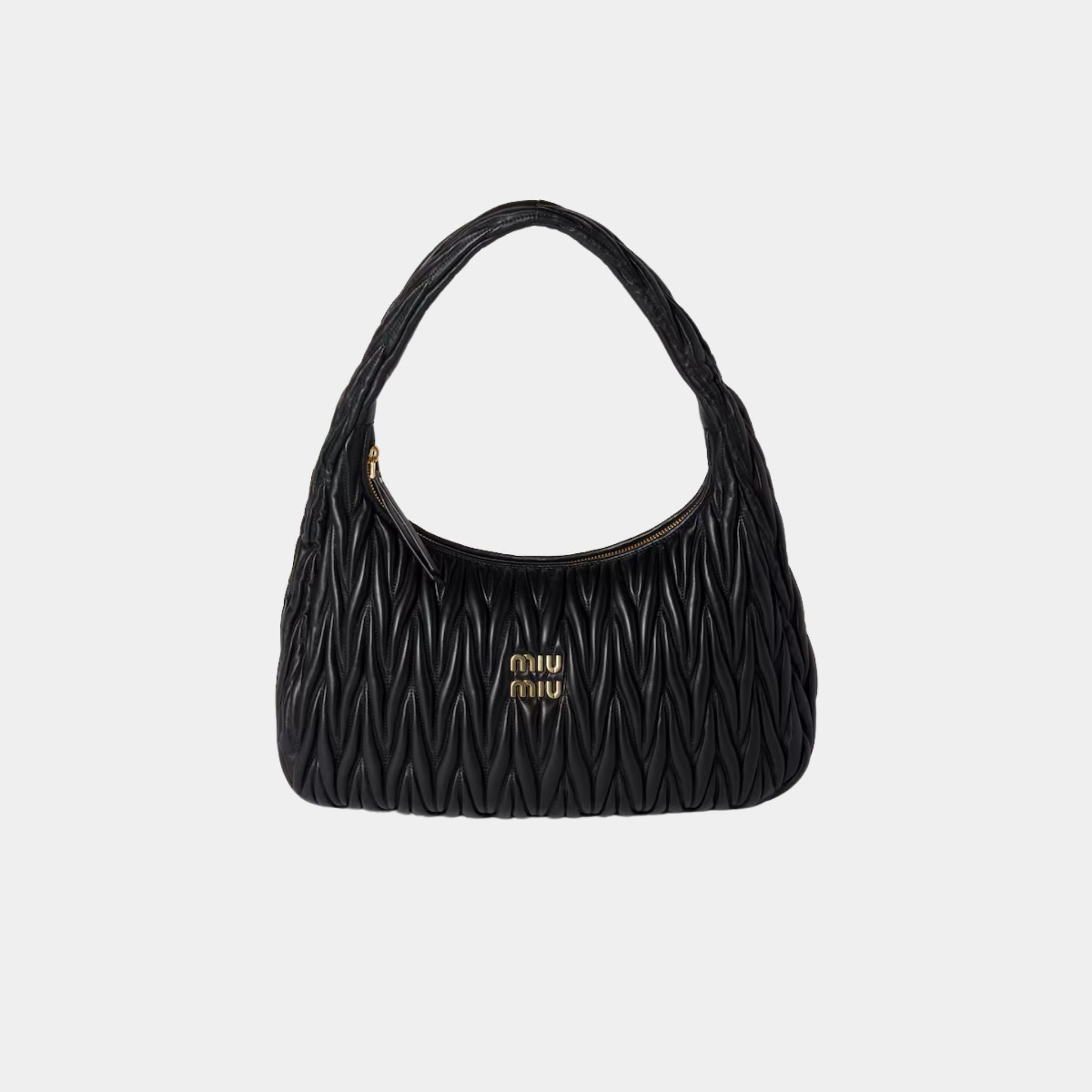 Miu Miu Wander Matelassé Nappa Leather Hobo Medium Bag, Black, Front