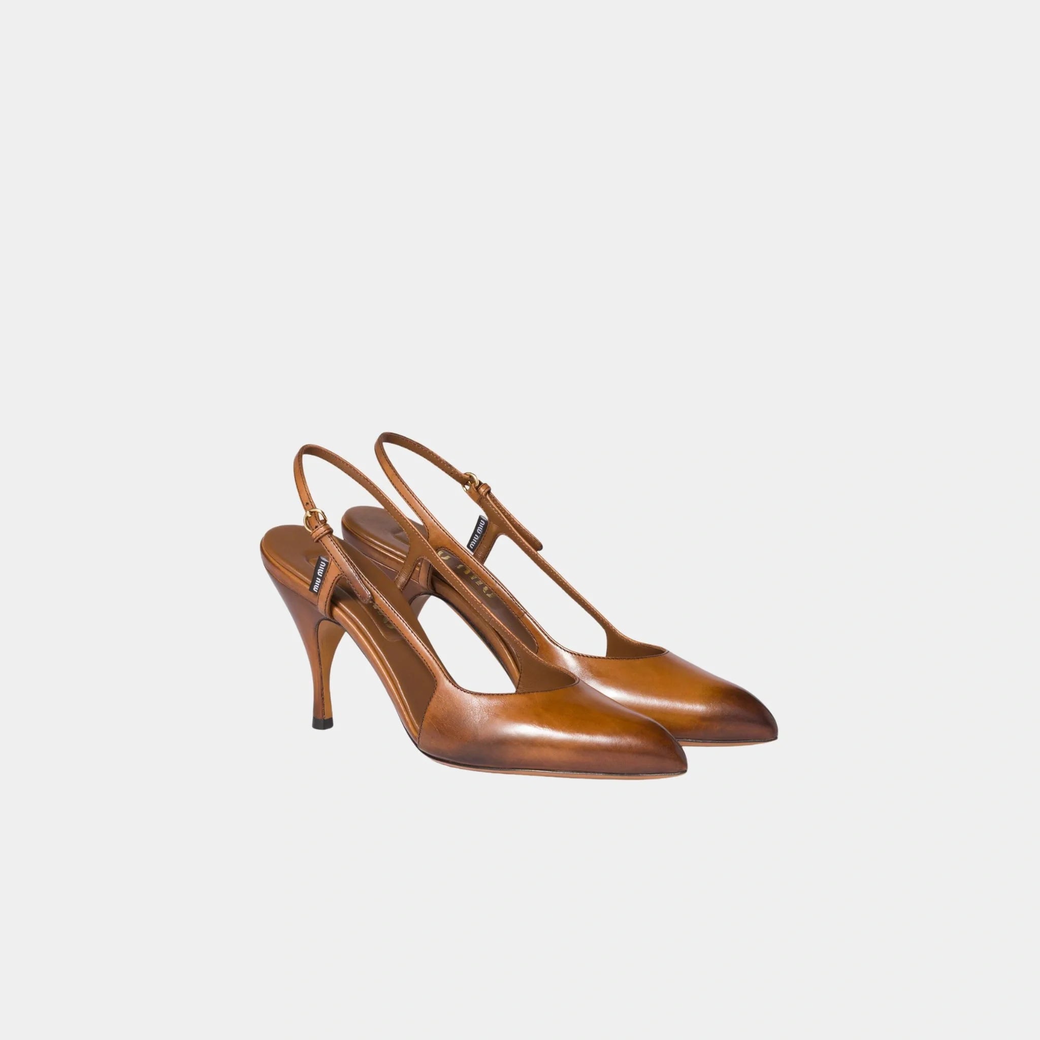 Miu Miu Waxed Calf Leather Slingback Pumps, Cognac, Front