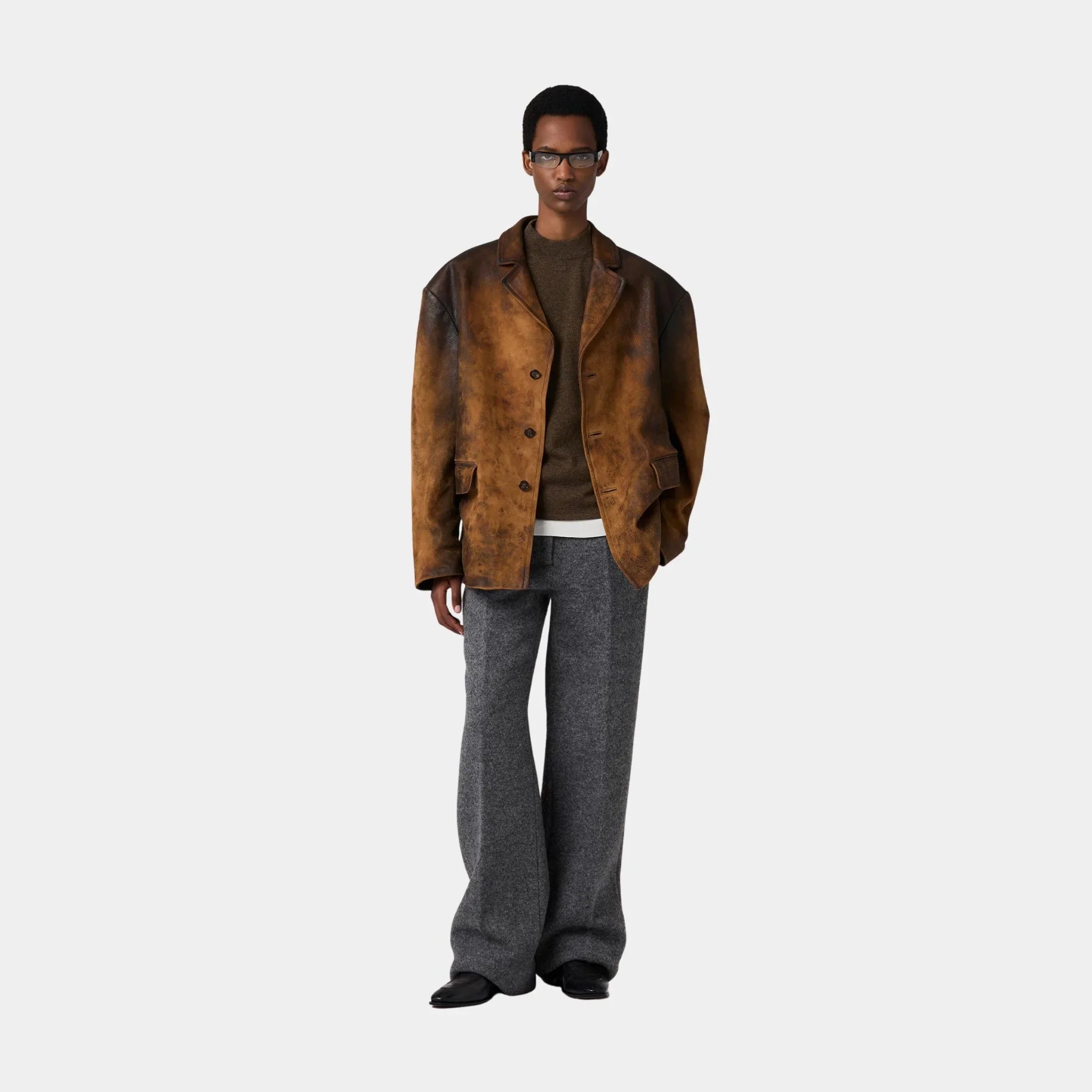 Waxed Suede Leather Buttoned Jacket