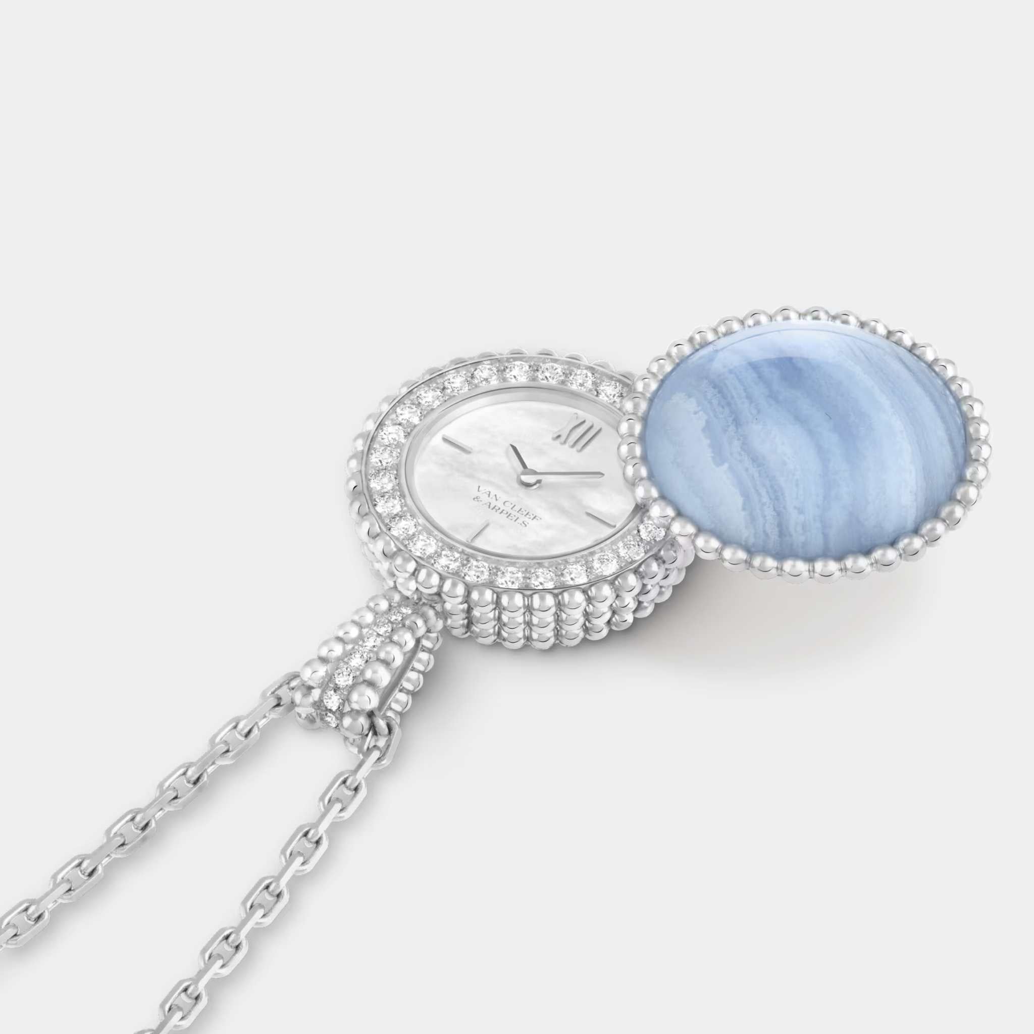 Perlée Secret Pendant Watch White Gold Chalcedony Diamond With Pearl