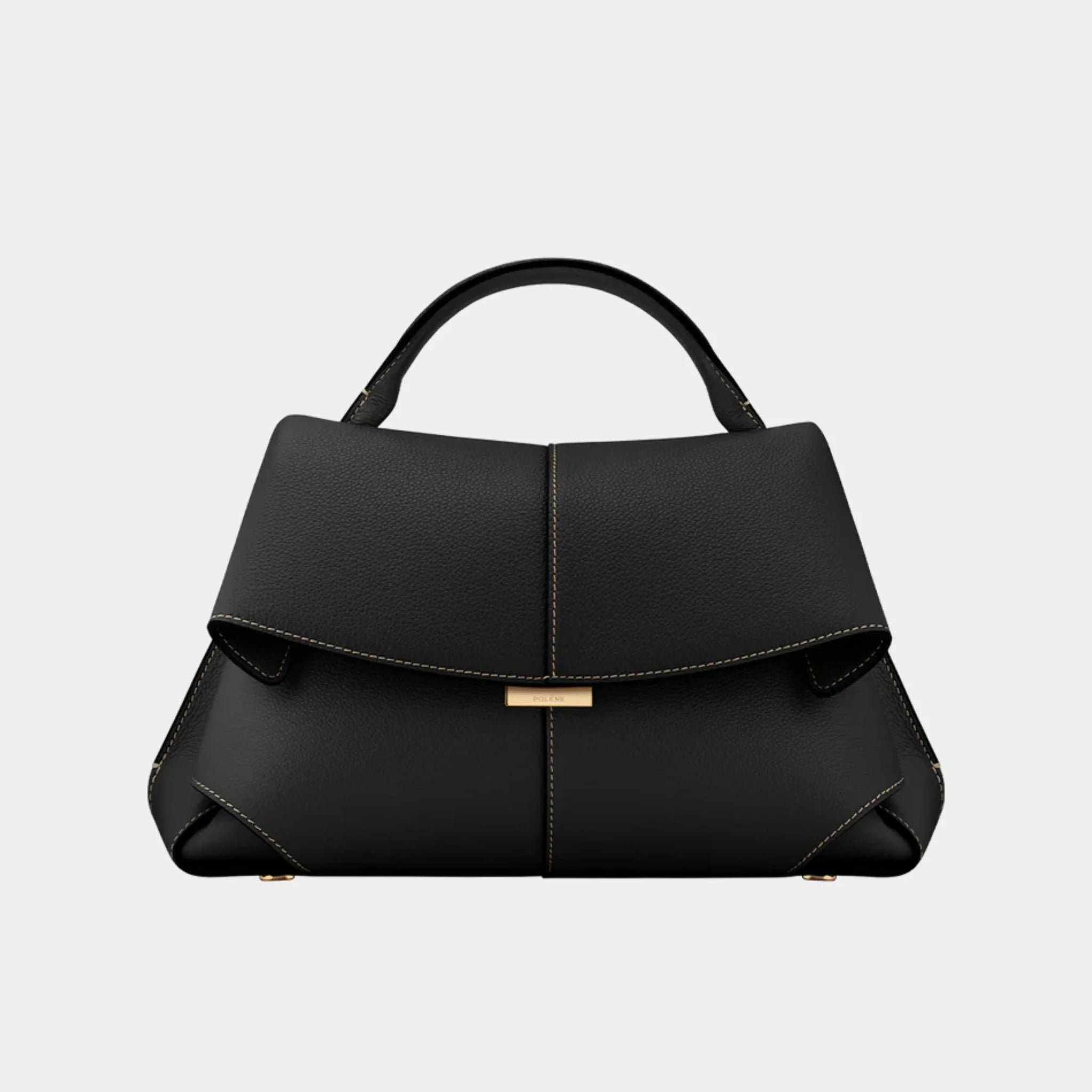 Polene Mokki Handbag in Grained Leather, Noir Couture, Front