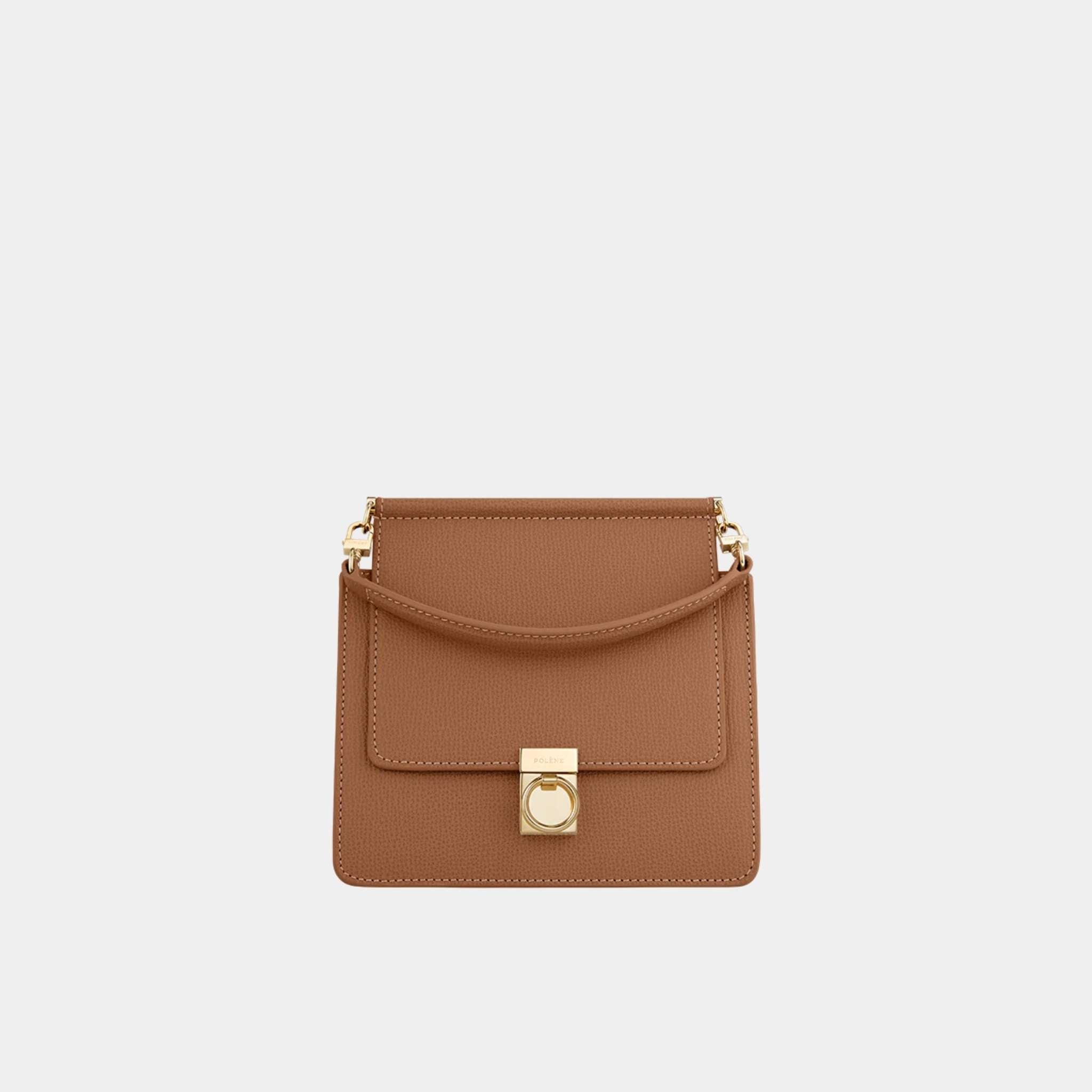 Polene Numero Sept Mini Textured Calf Leather Handbag, Camel, Front