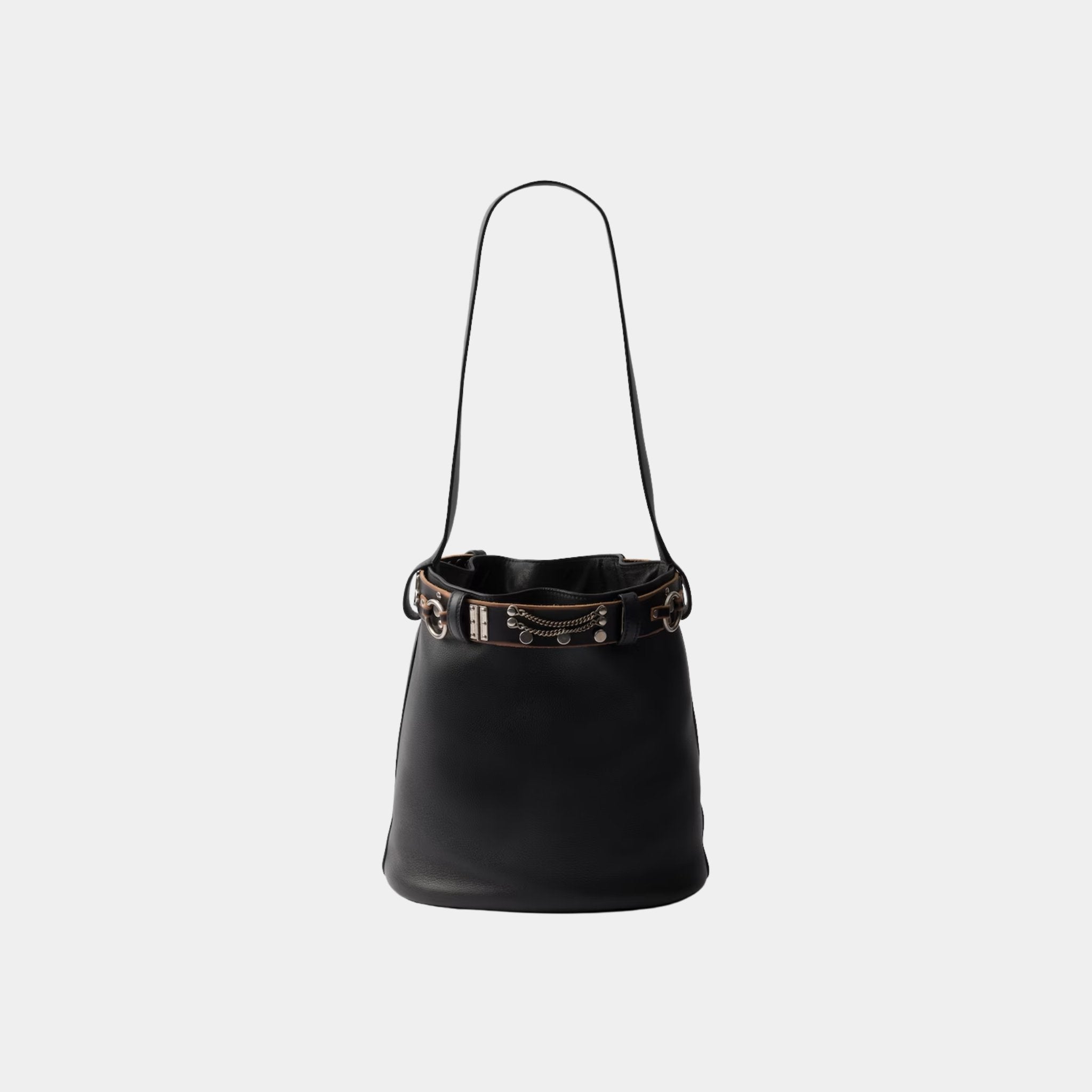 Buckle Leather Bucket Bag With Studded Belt