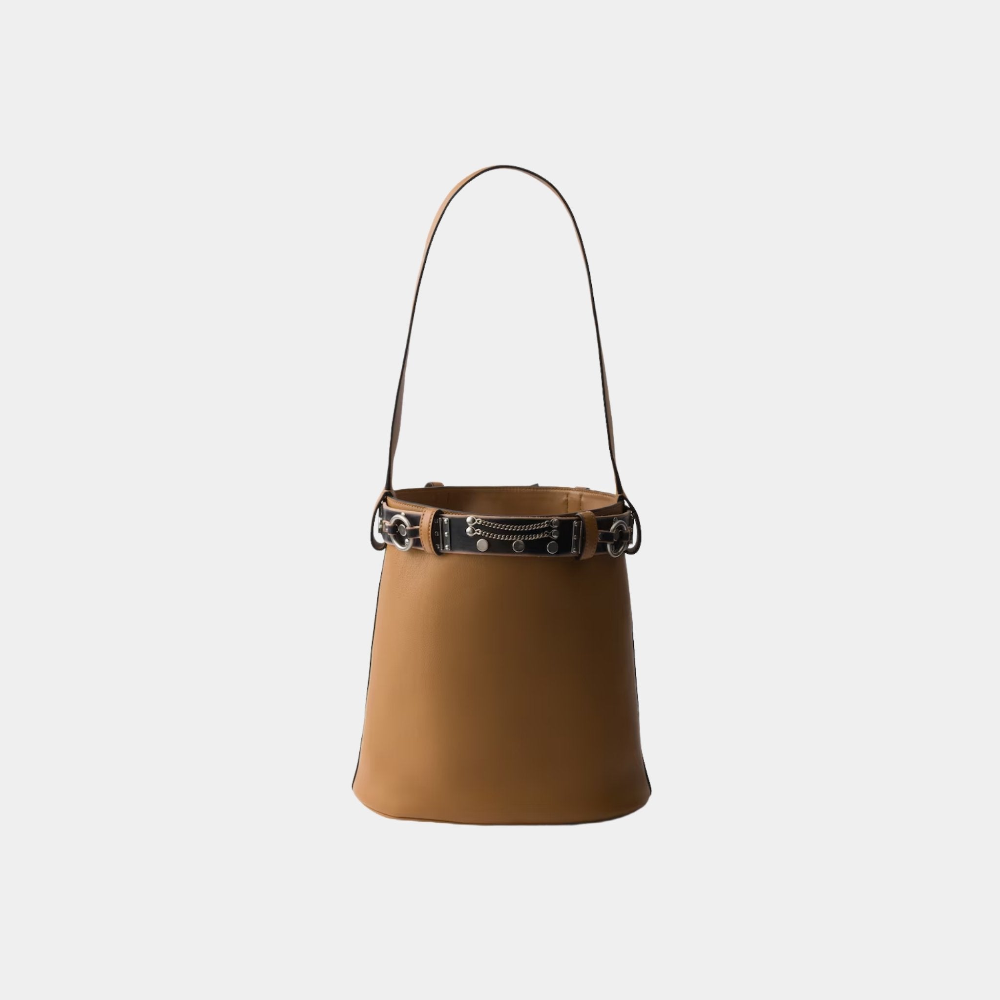 Buckle Leather Bucket Bag With Studded Belt