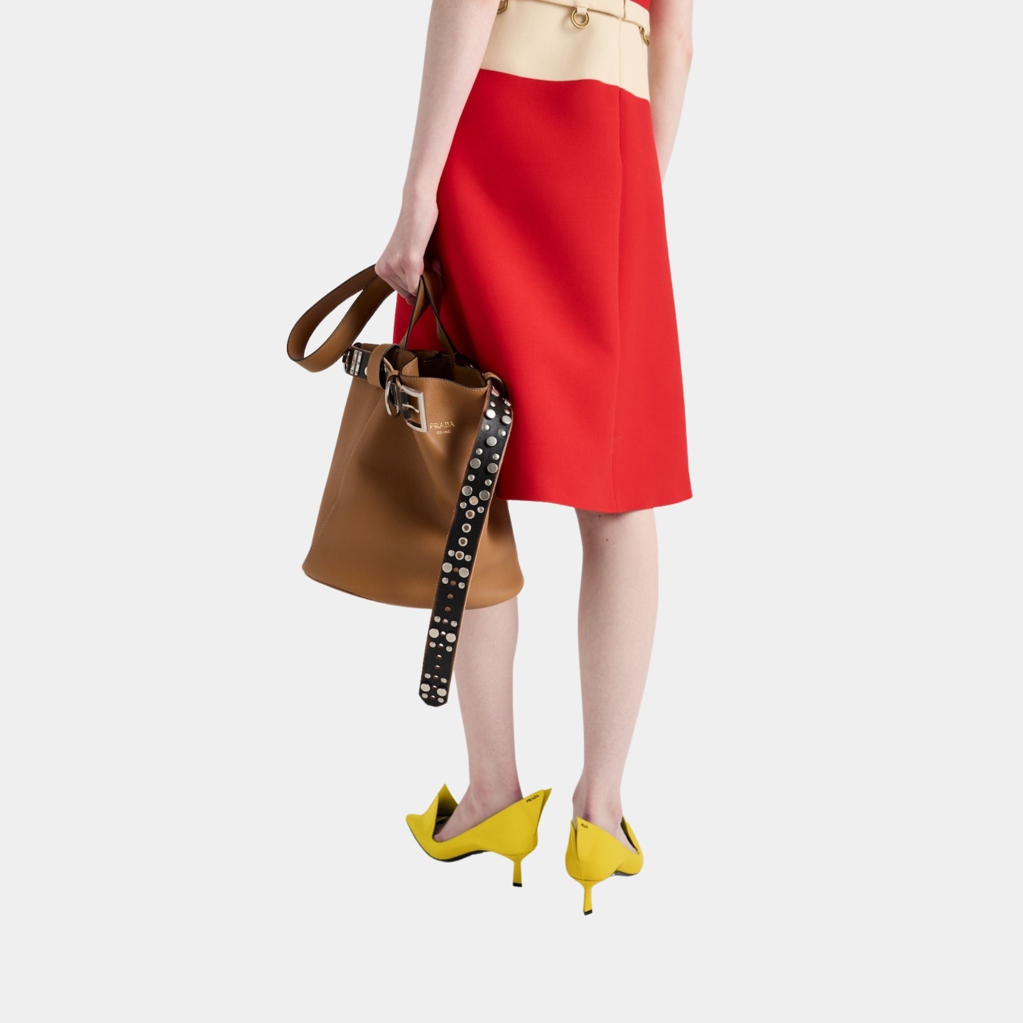 Buckle Leather Bucket Bag With Studded Belt