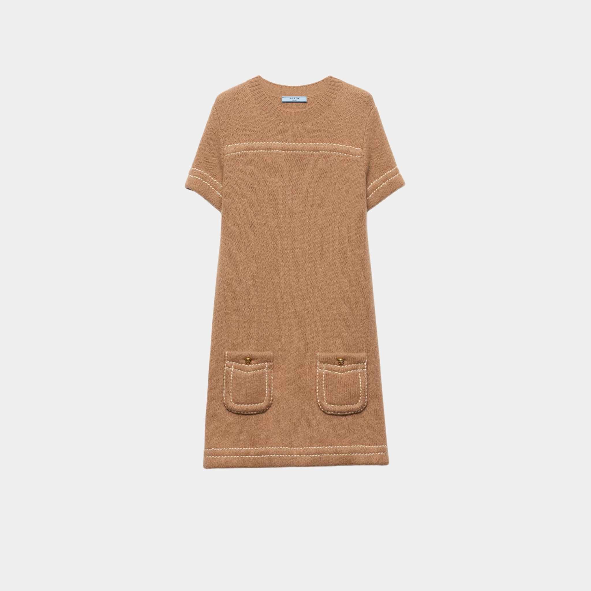 Camel Brown Cashmere Short Sleeved Mini-Dress