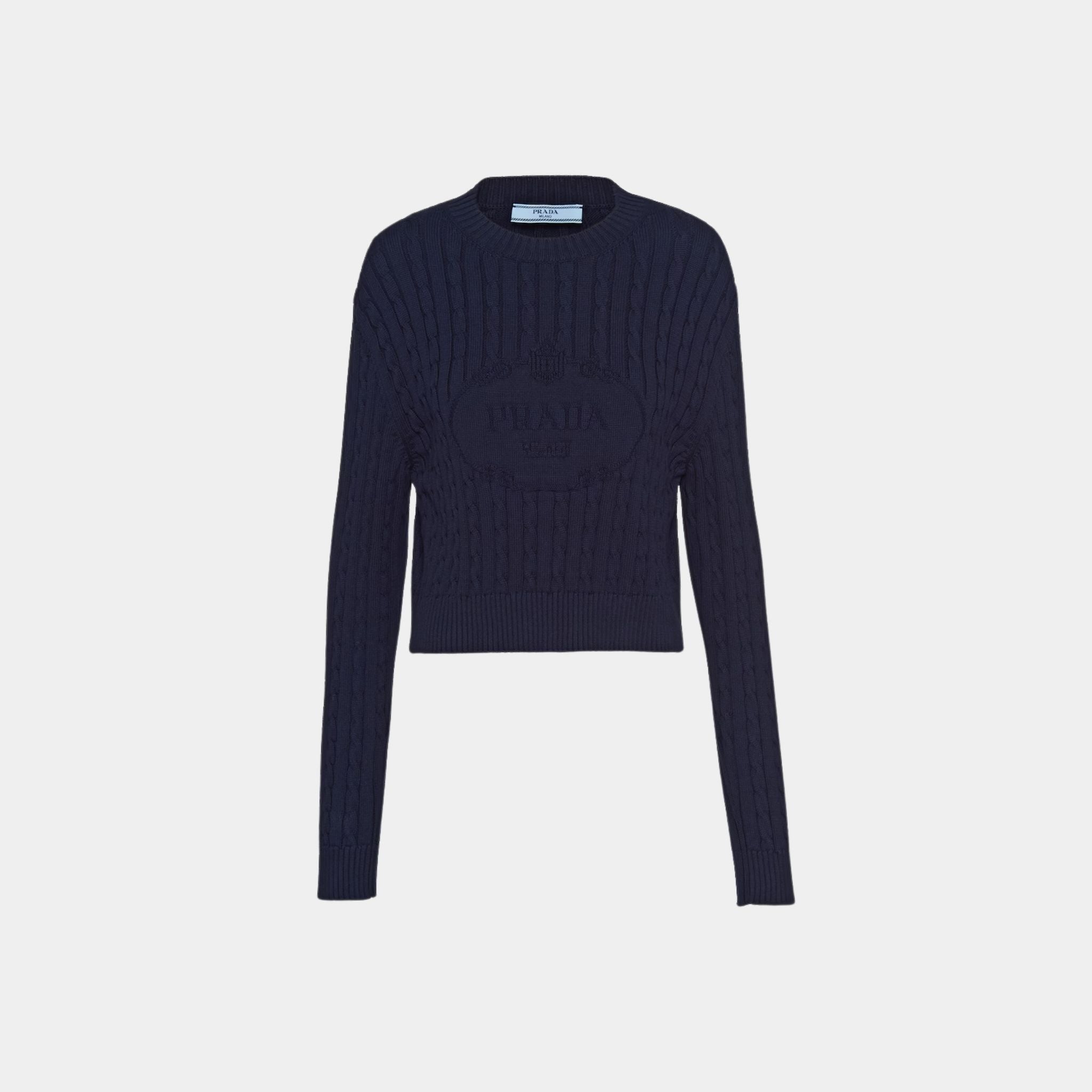 Navy Cotton Ribbed Knit Crew Neck Sweater