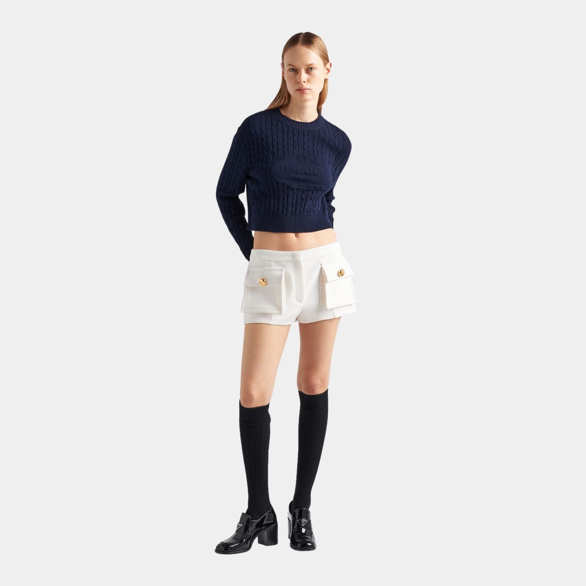 Navy Cotton Ribbed Knit Crew Neck Sweater