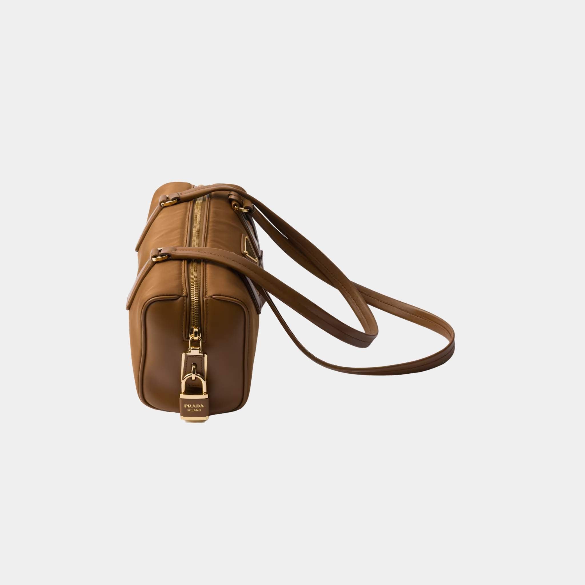 Re-Nylon And Leather Medium Top Handle Bag With Padlock