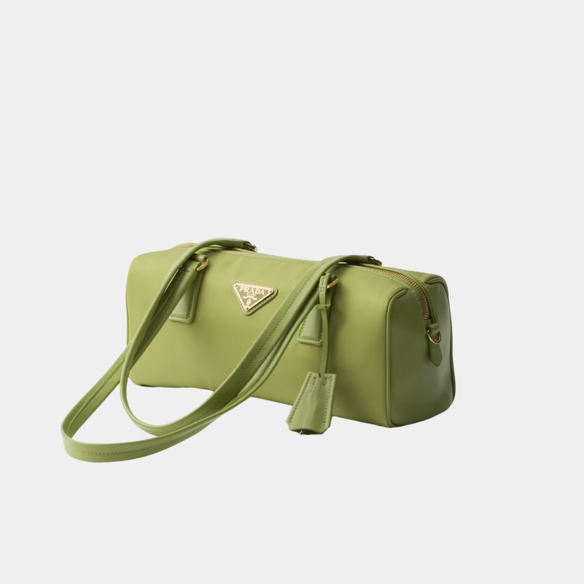 Re-Nylon And Leather Medium Top Handle Bag With Padlock