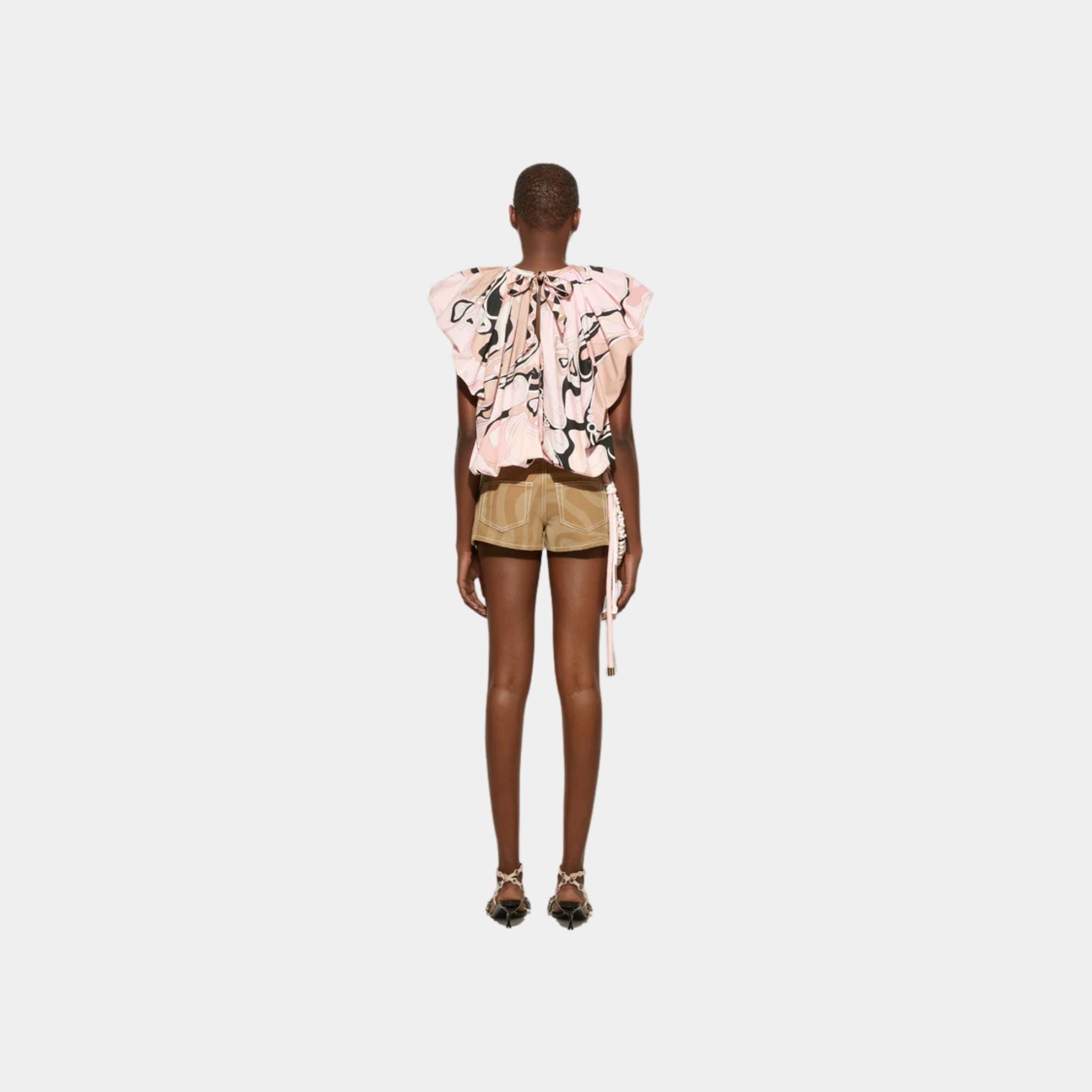 Marmo Print Canvas High Waist Cotton Shorts