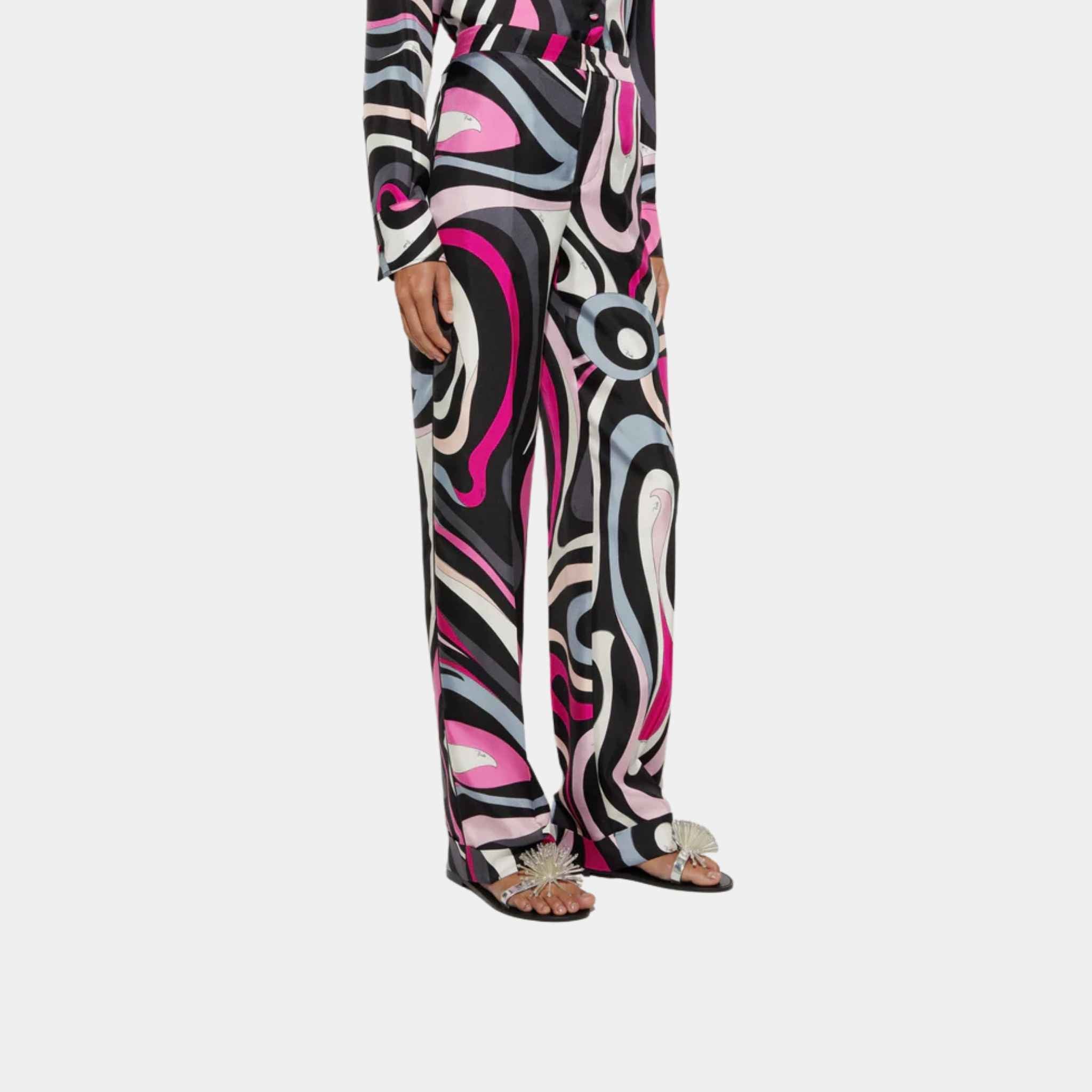 Marmo Print Straight Silk Twill Pants