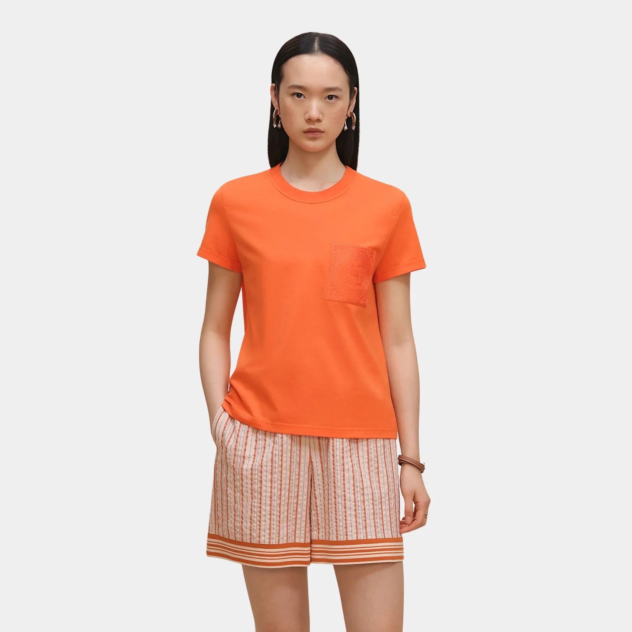 Hermes Straight T-shirt with Embroidered Pocket, Orange Poppy, Front