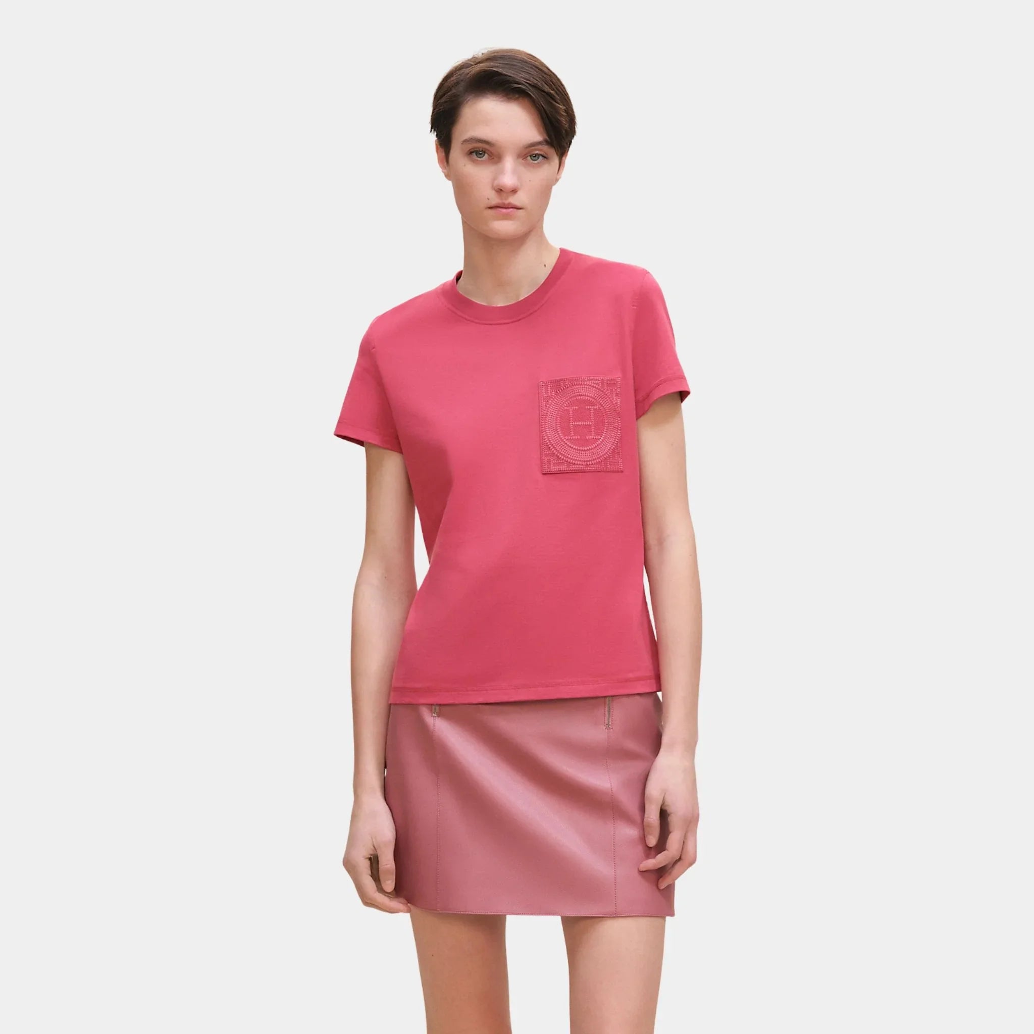 Hermes Straight T-shirt with Embroidered Pocket, Rose Framboise, Front