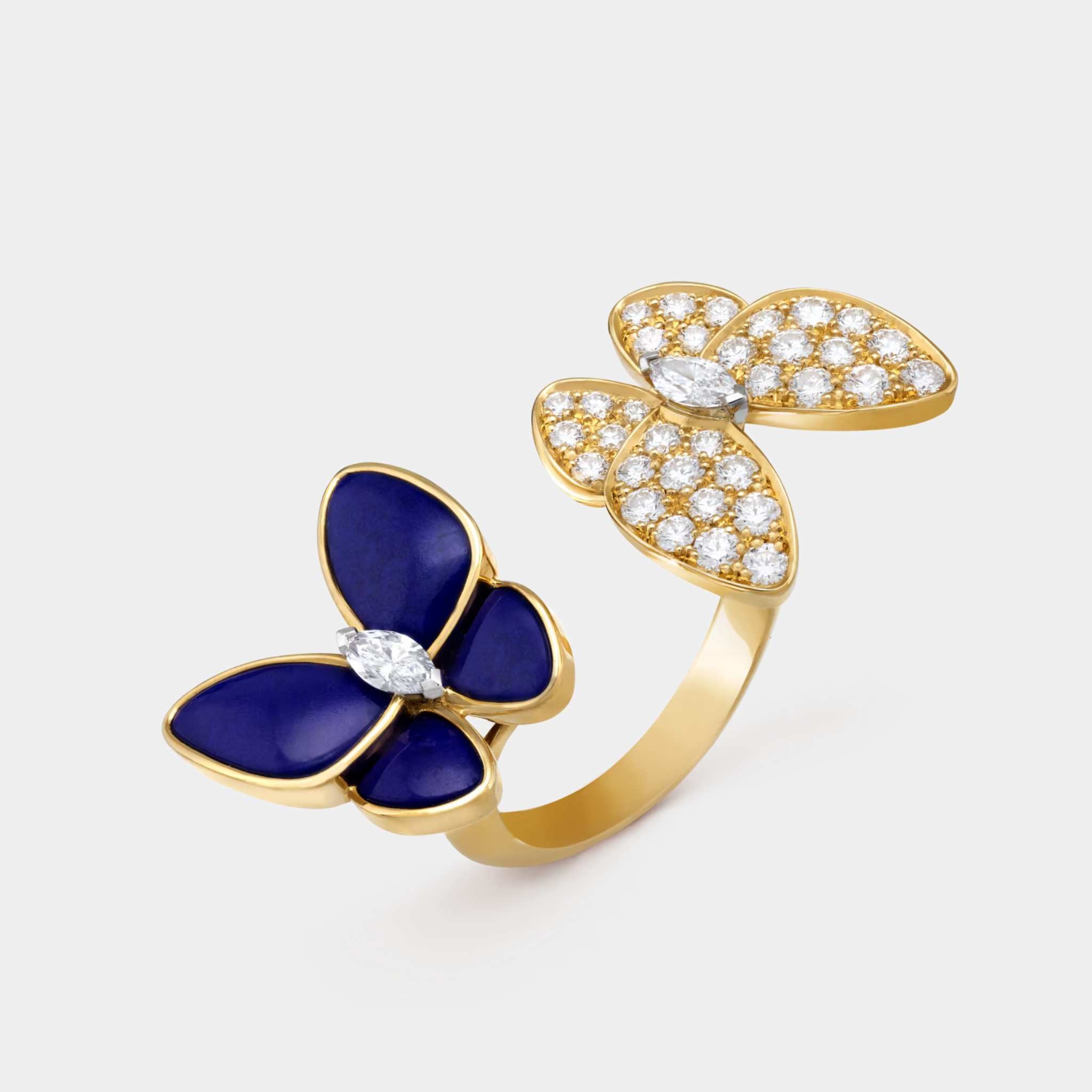 Two Butterfly Ring in Yellow Gold Diamond & Lapis Lazuli