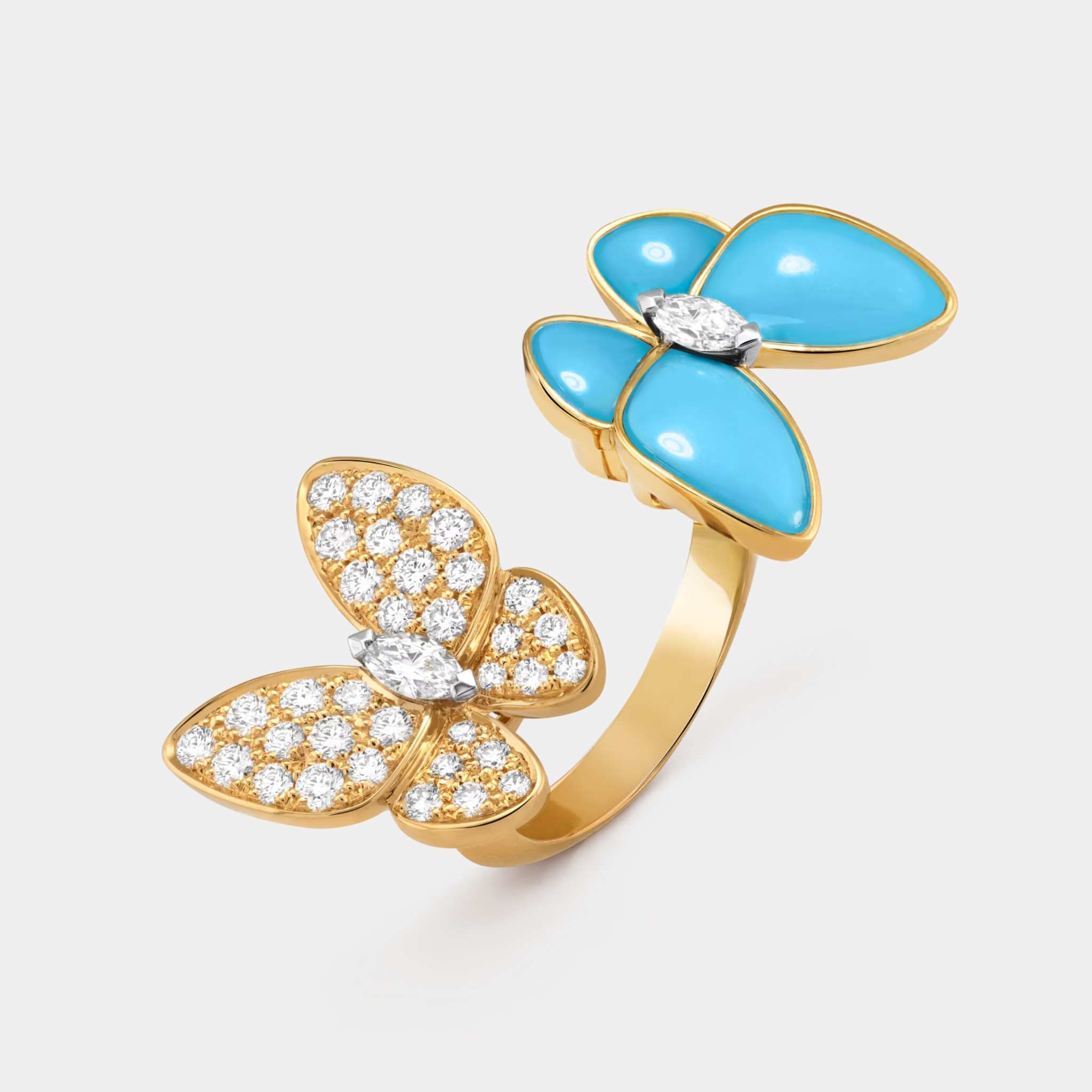 Two Butterfly Between The Finger Ring Yellow Gold Diamond Turquoise