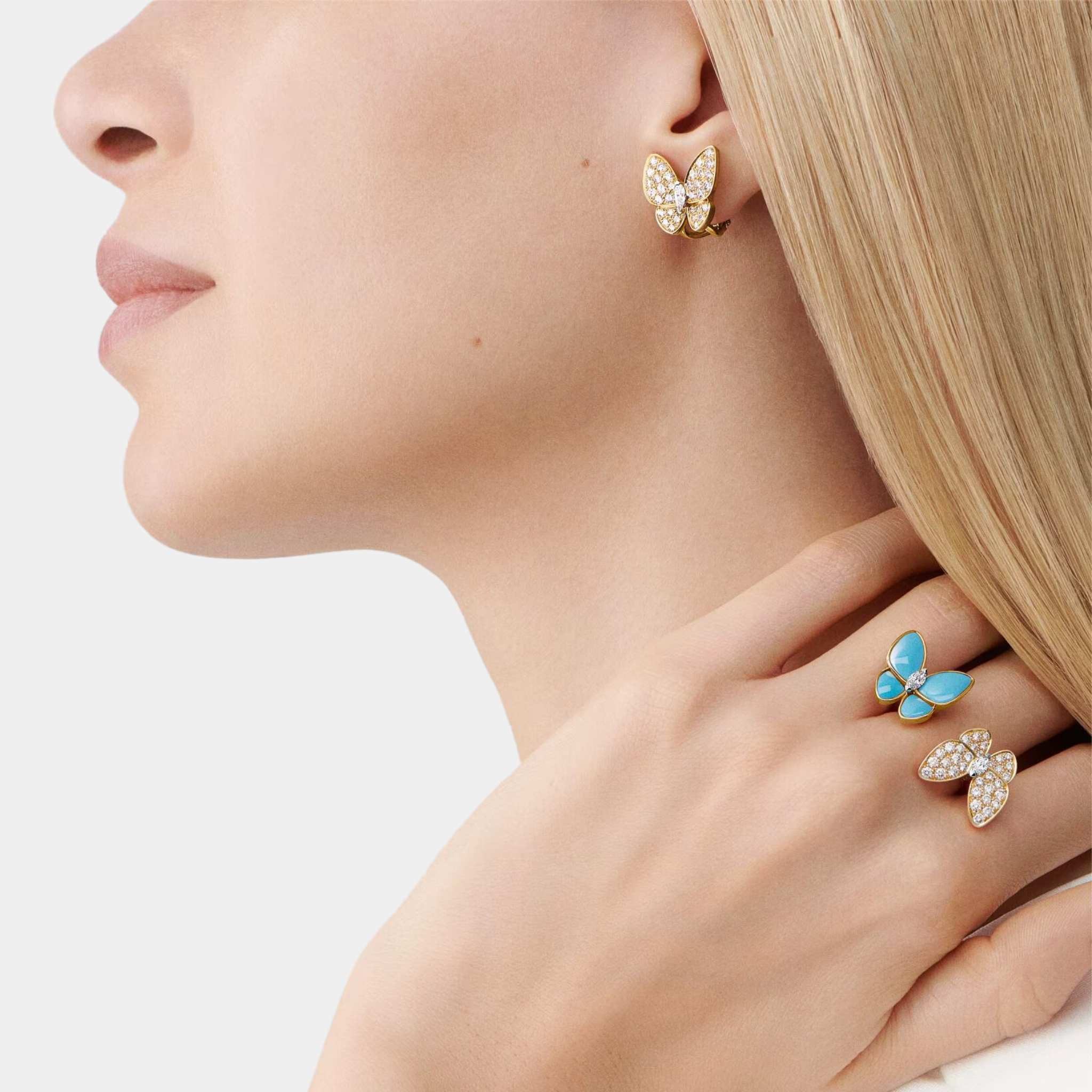 Two Butterfly Between The Finger Ring Yellow Gold Diamond Turquoise