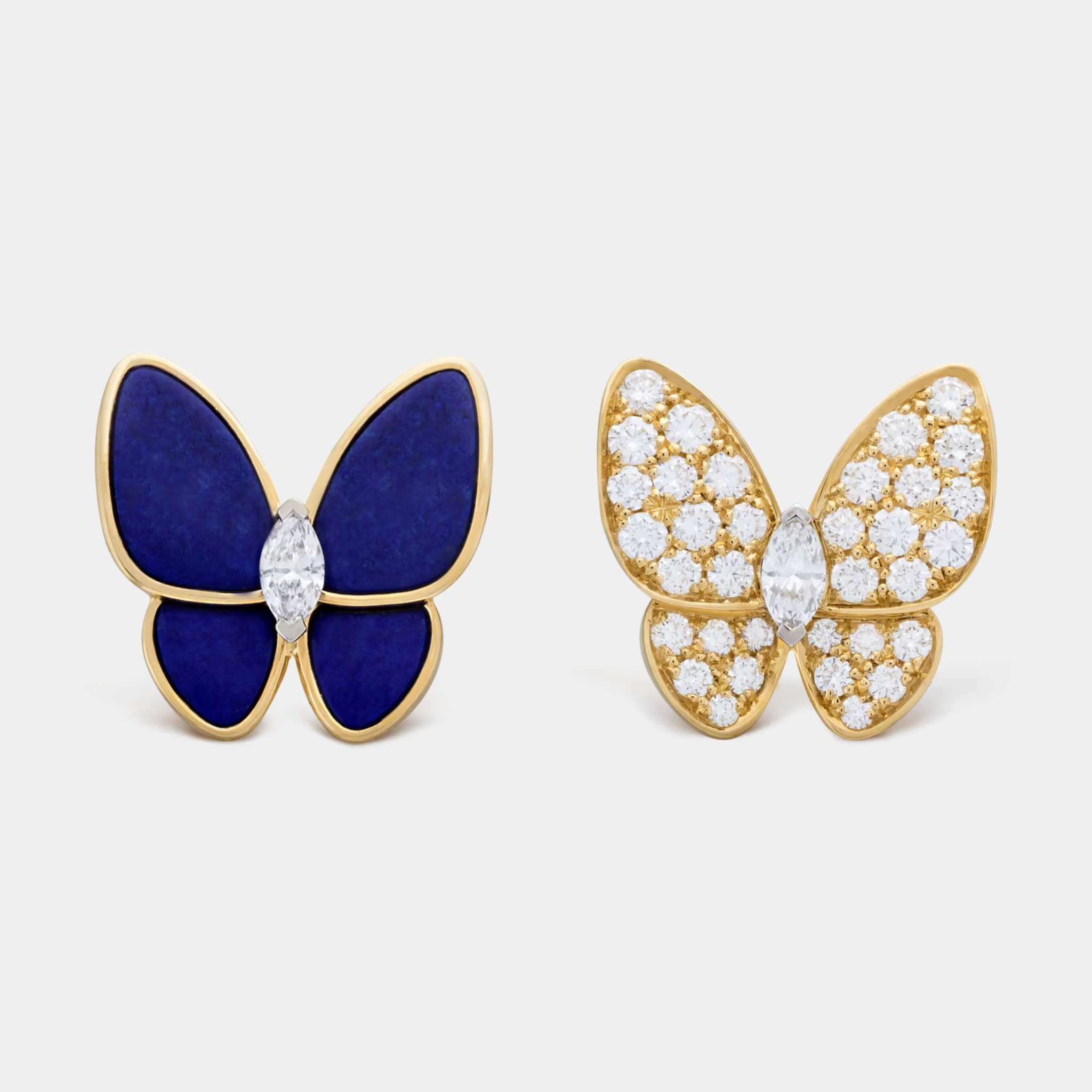 Two Butterfly Earrings Yellow Gold Diamond Lapis Lazuli