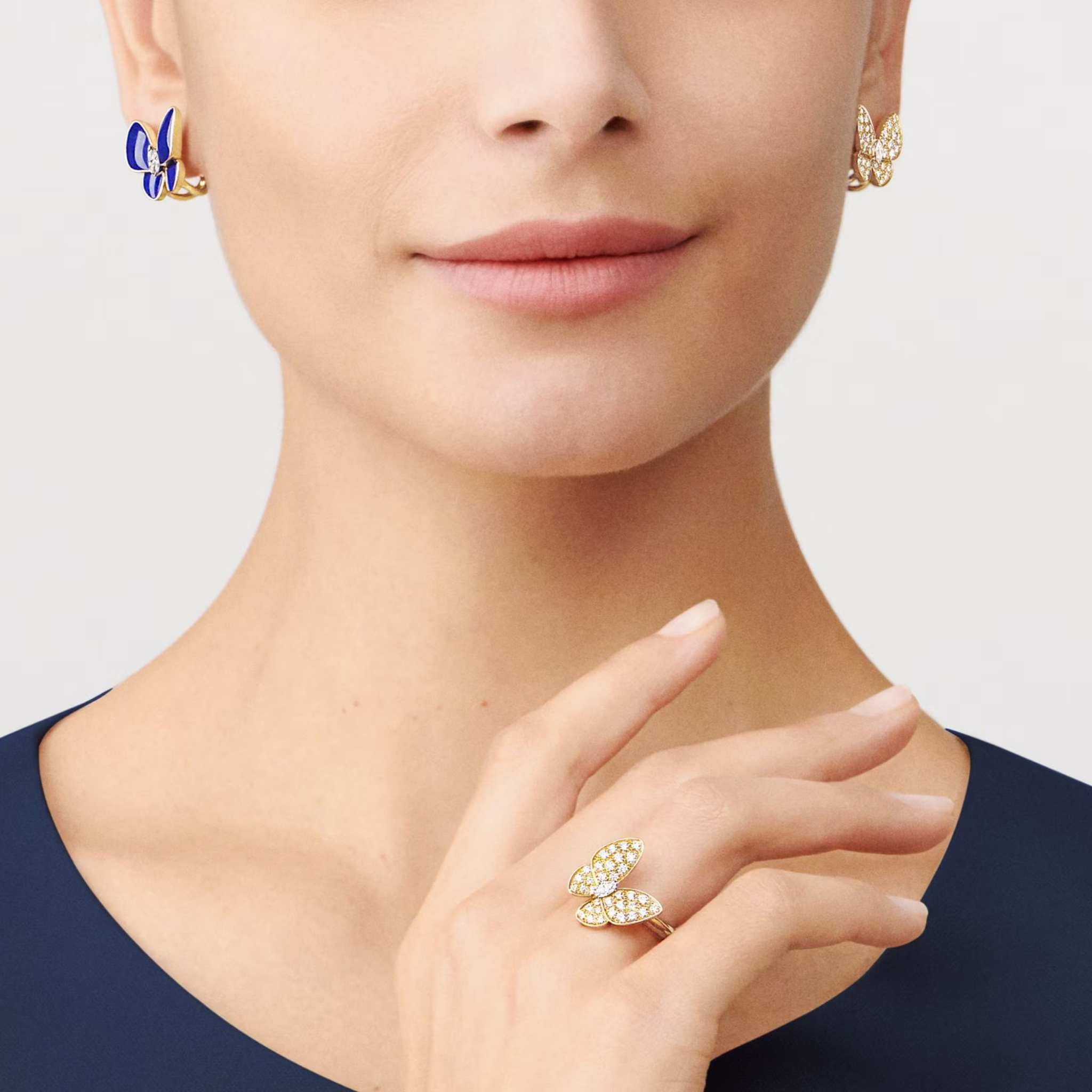 Two Butterfly Earrings Yellow Gold Diamond Lapis Lazuli