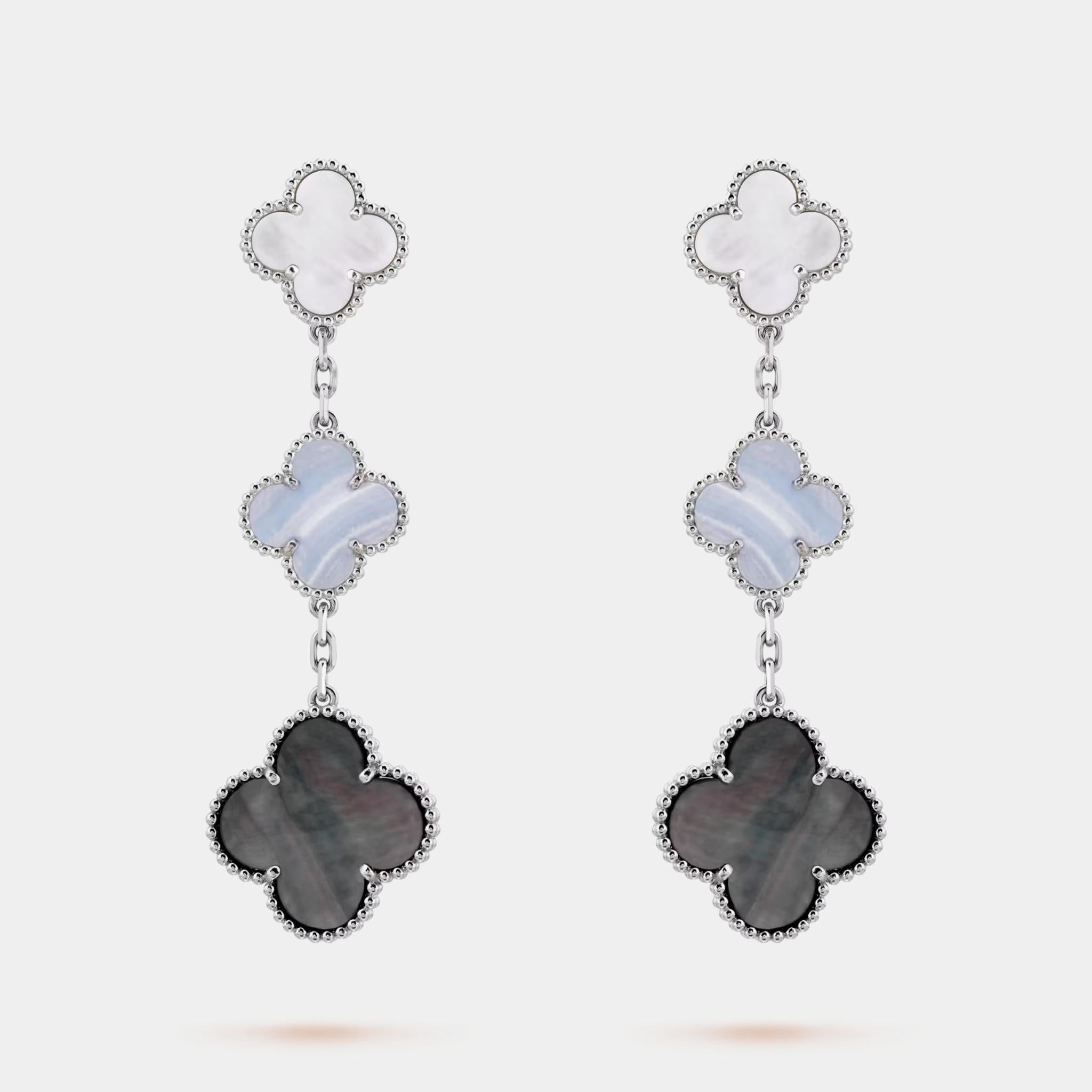 Magic Alhambra earrings 3 Motifs White Gold Chalcedony