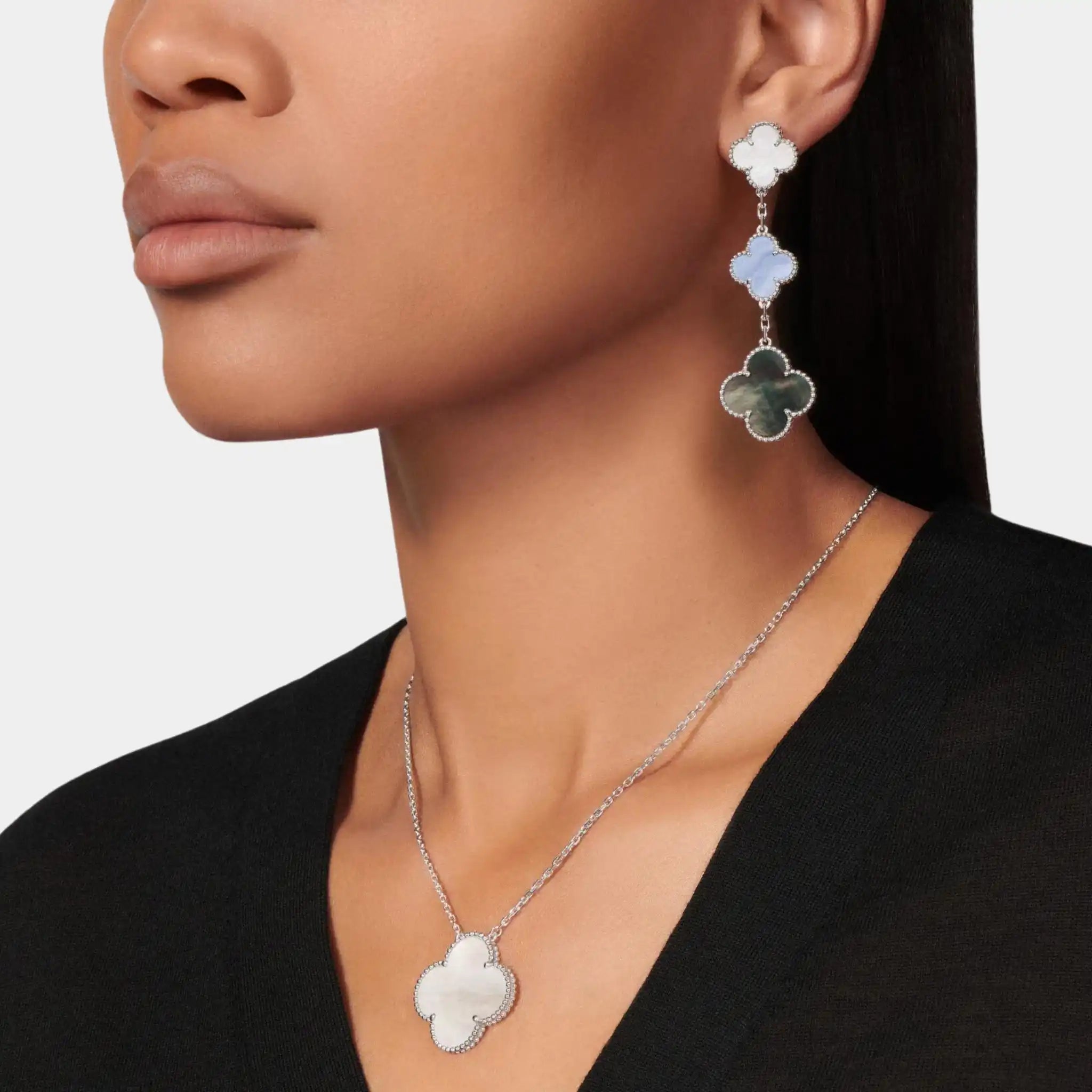 Magic Alhambra earrings 3 Motifs White Gold Chalcedony
