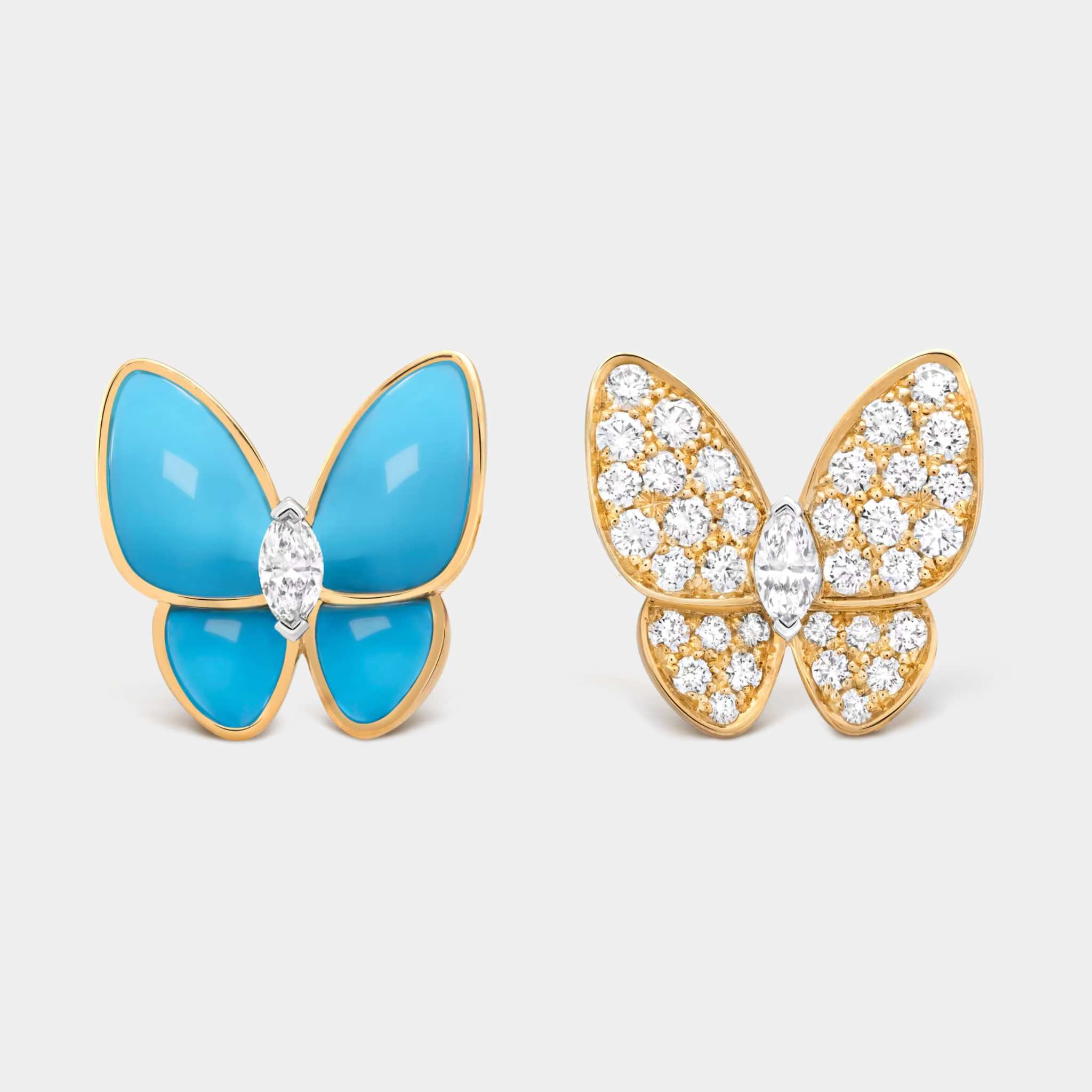 Two Butterfly Earrings Gold Diamond Turquoise