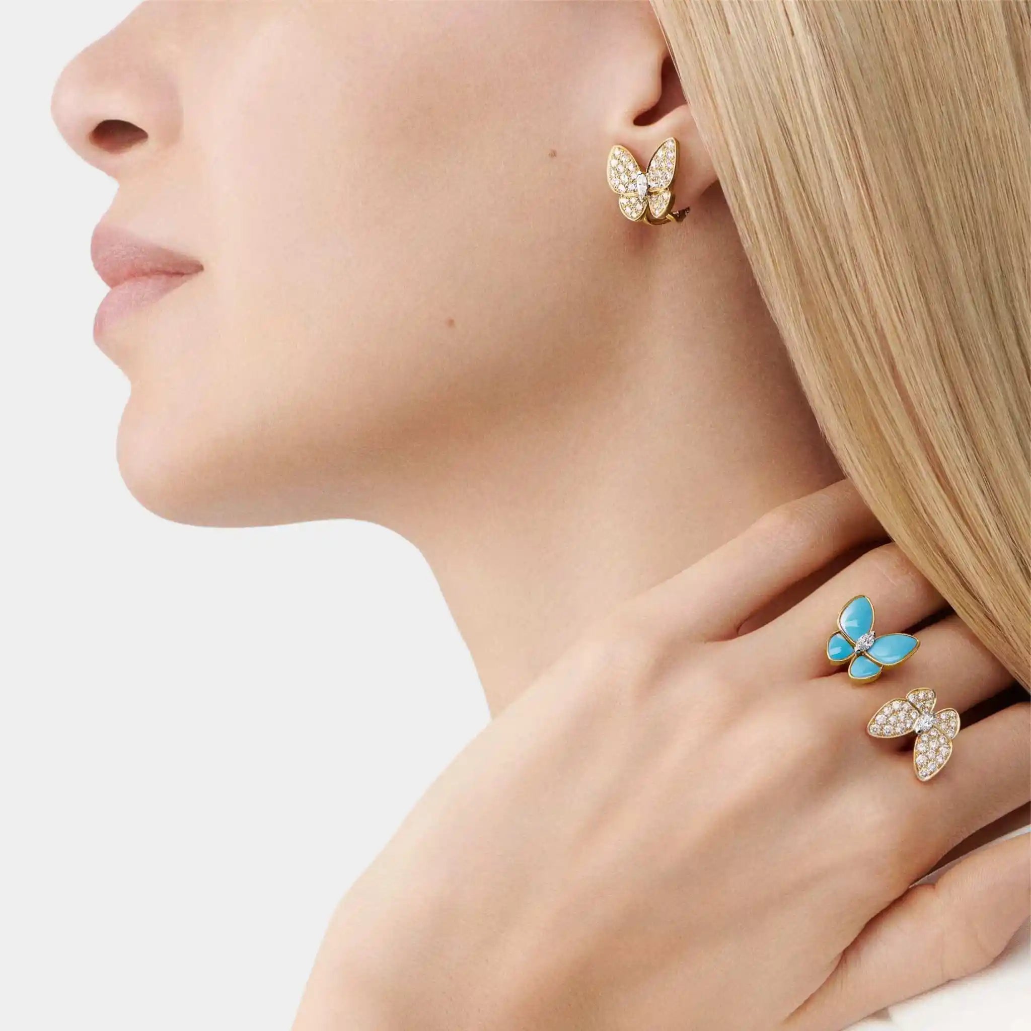 Two Butterfly Earrings Gold Diamond Turquoise