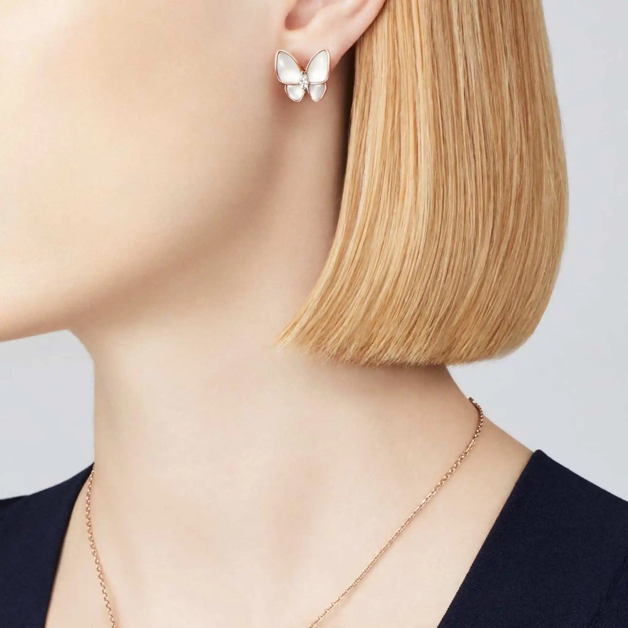 Two Butterfly Earrings Rose Gold Diamond Pearl