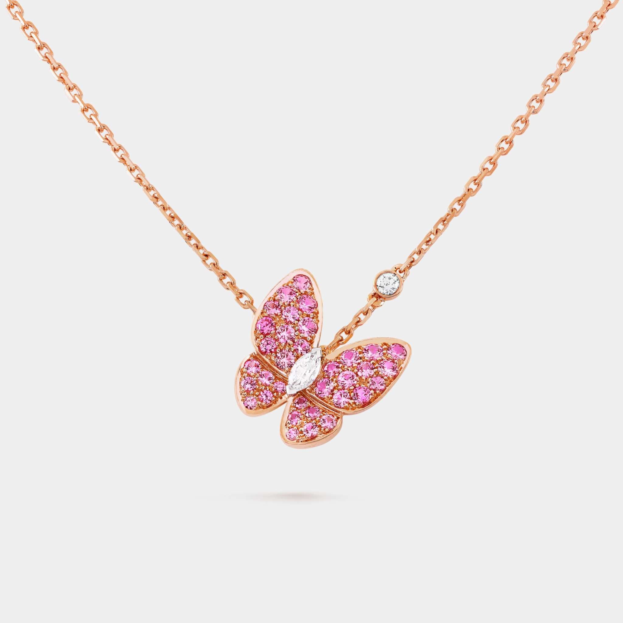 Two Butterfly Pendant Rose Gold Diamond Sapphire