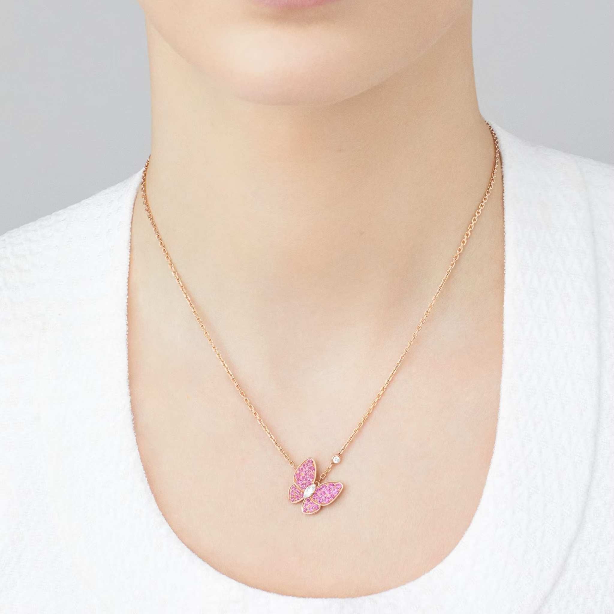 Two Butterfly Pendant Rose Gold Diamond Sapphire
