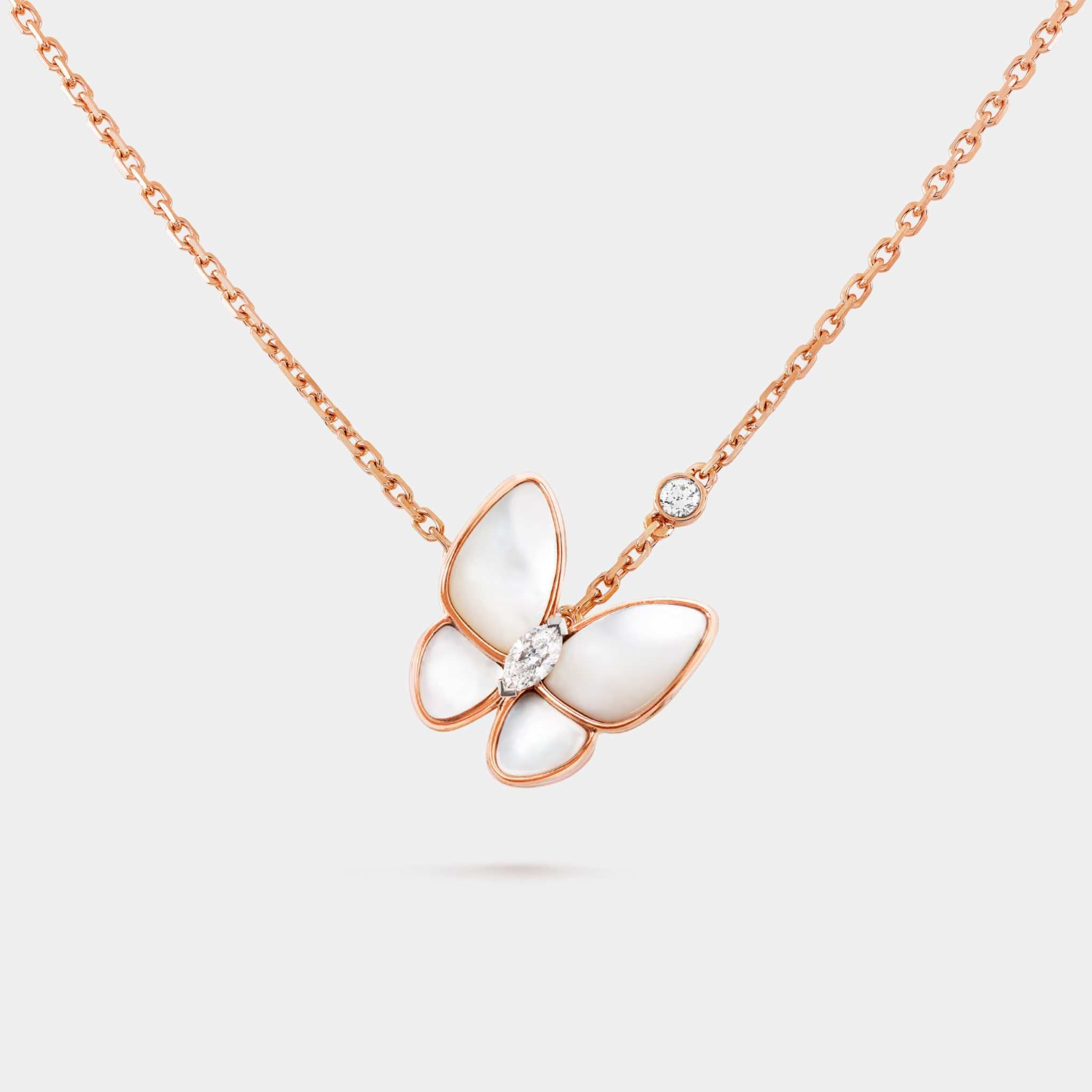 Two Butterfly Pendant in Rose Gold Diamond & Pearl