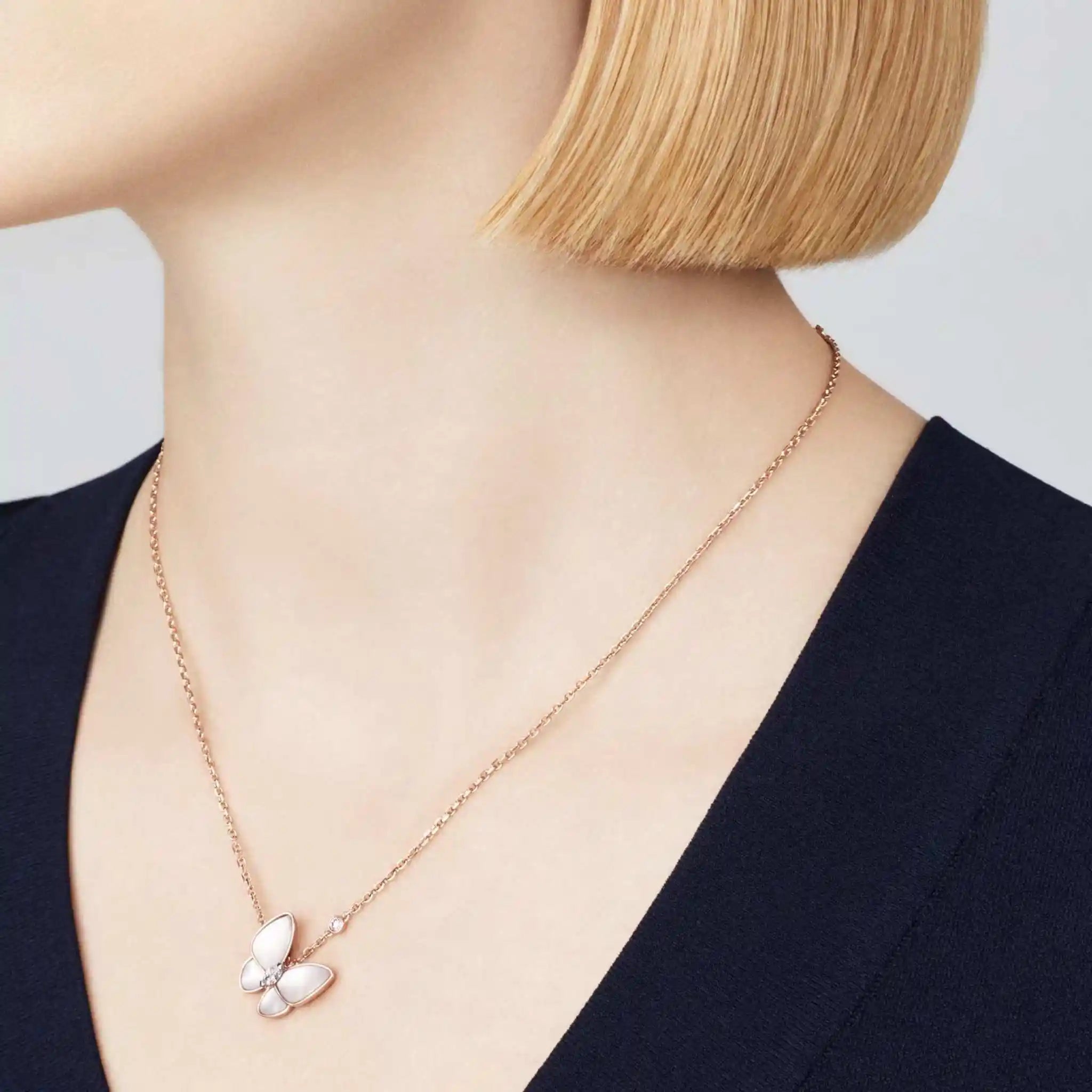 Two Butterfly Pendant in Rose Gold Diamond & Pearl