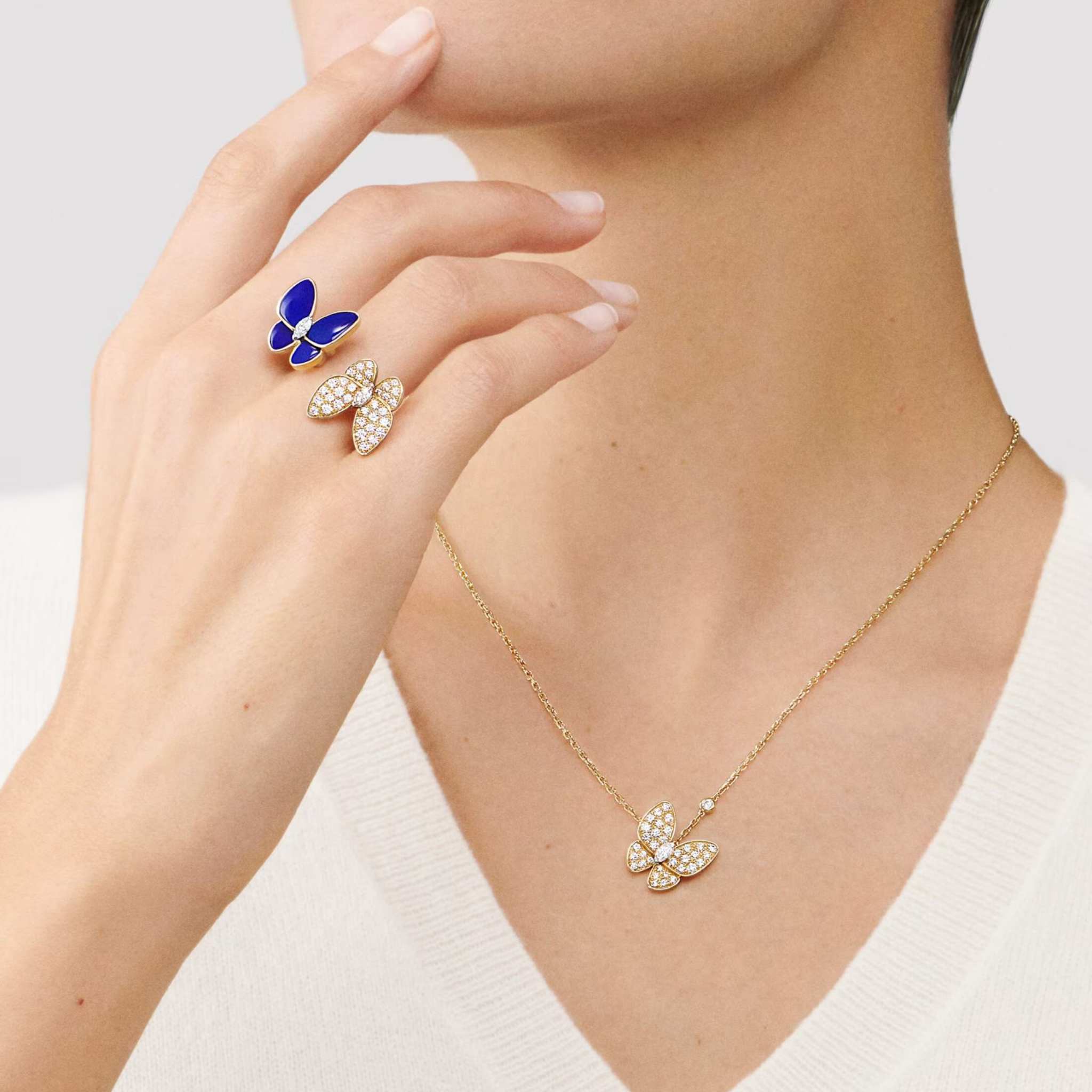 Two Butterfly Pendant Yellow Gold Diamond