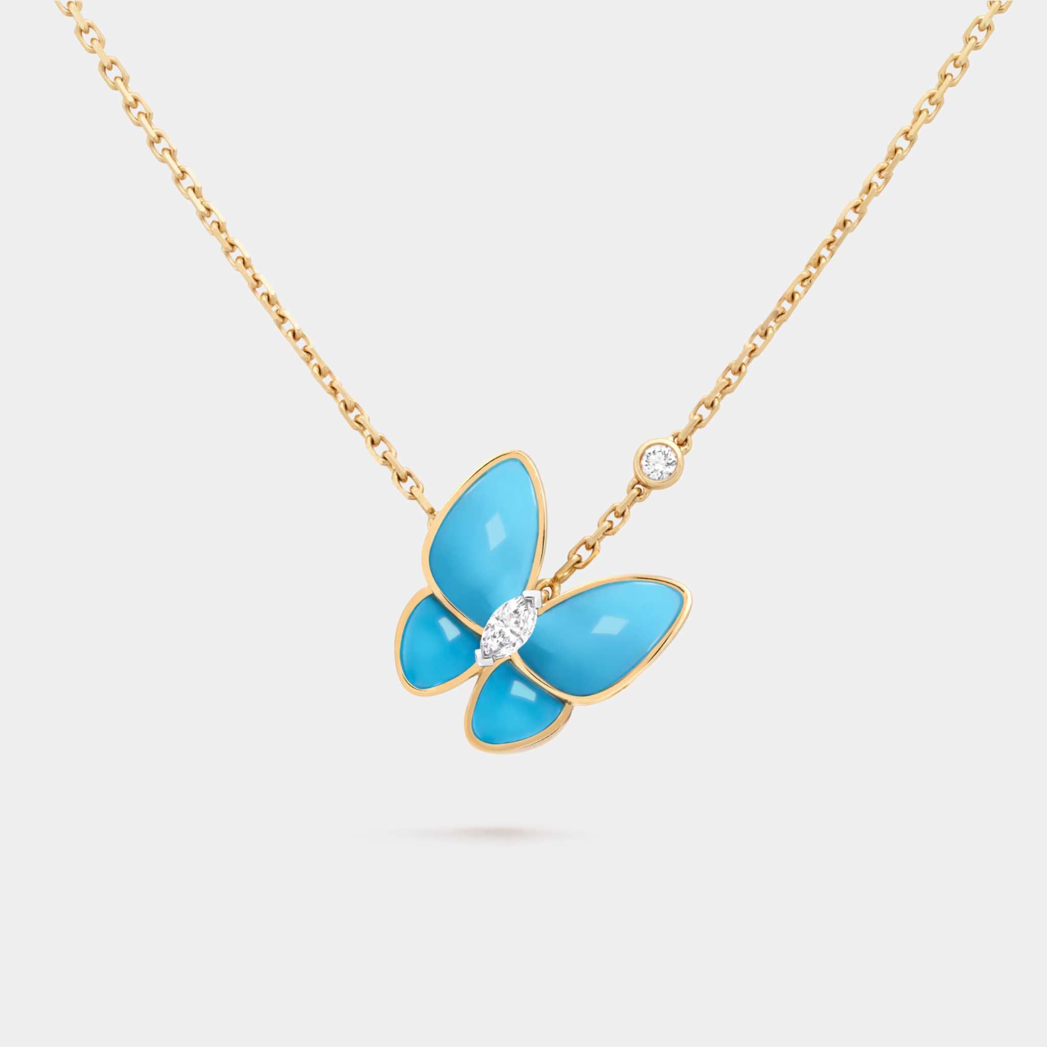 Two Butterfly Pendant in Yellow Gold Diamond & Turquoise