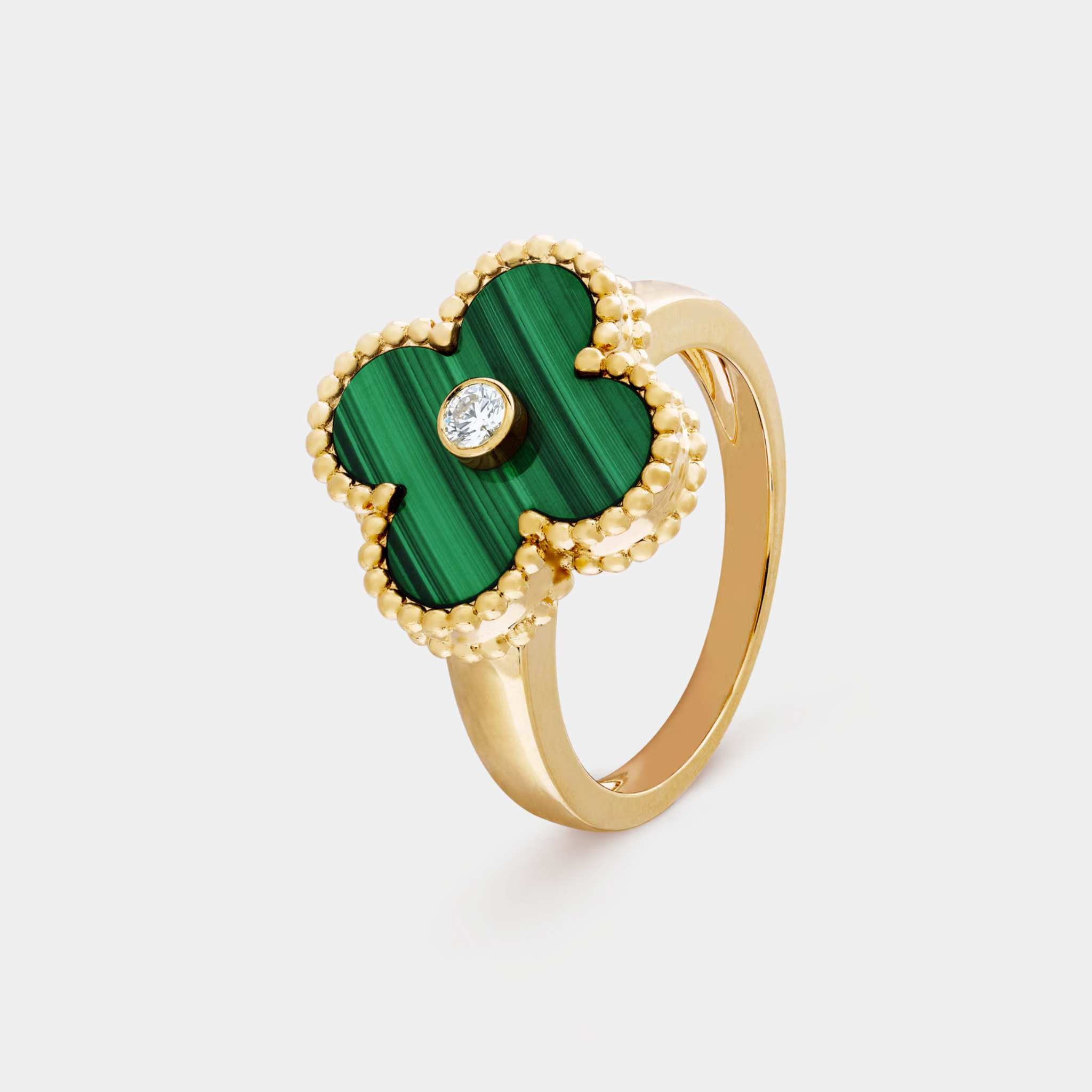 Vintage Alhambra Ring Yellow Gold Diamond & Malachite