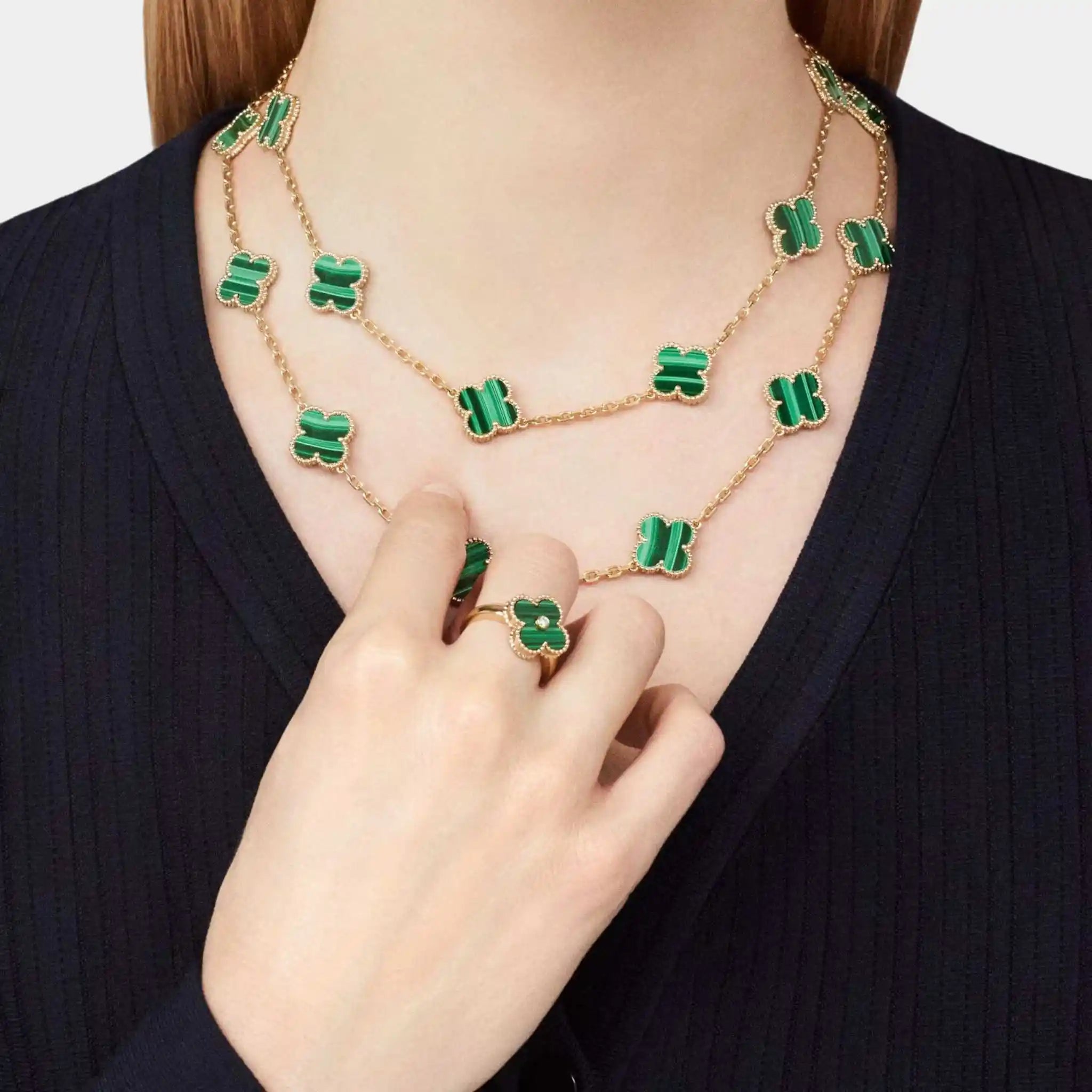 Vintage Alhambra Ring Yellow Gold Diamond & Malachite