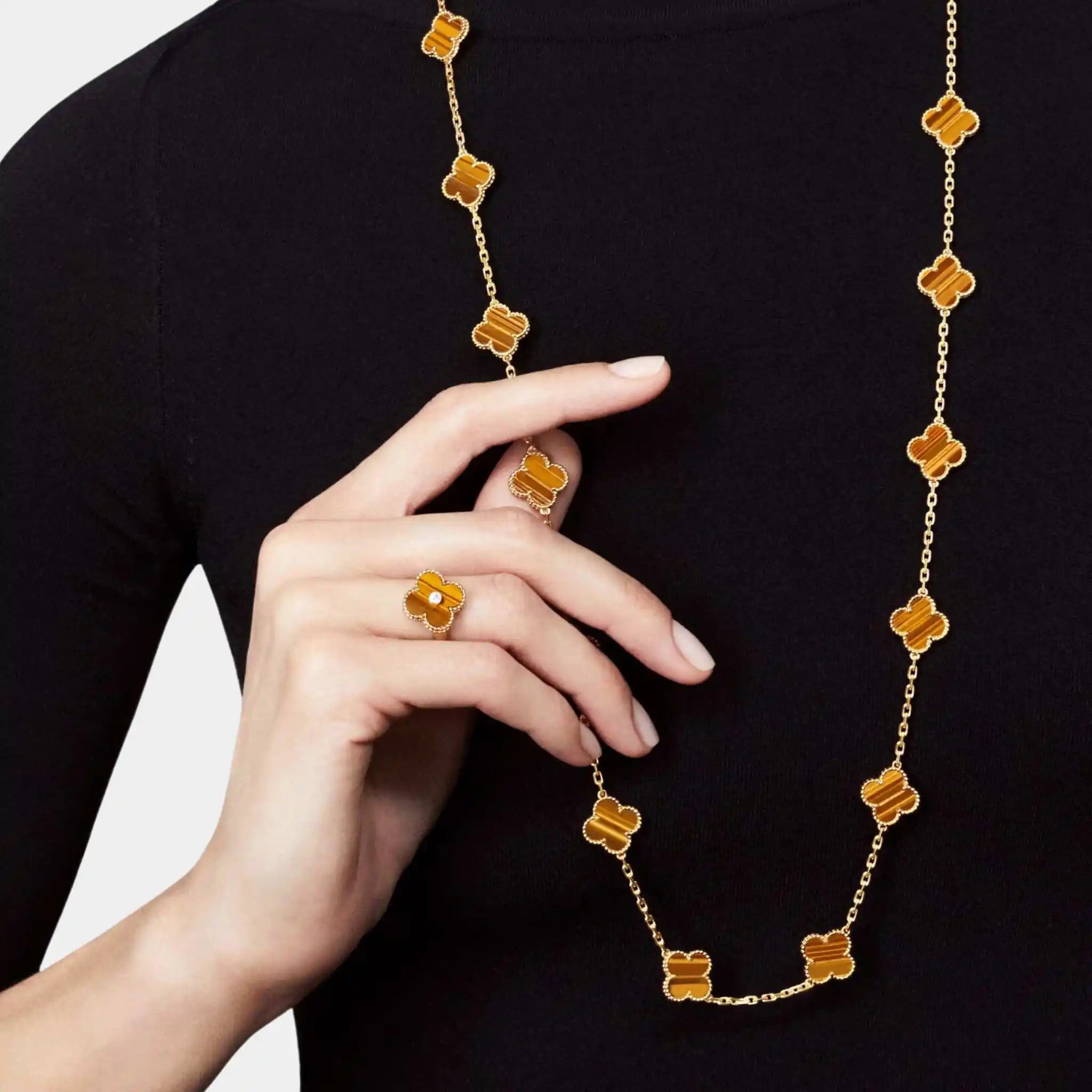 Van Cleef Vintage Alhambra Ring Yellow Gold Diamond & Tiger Eye