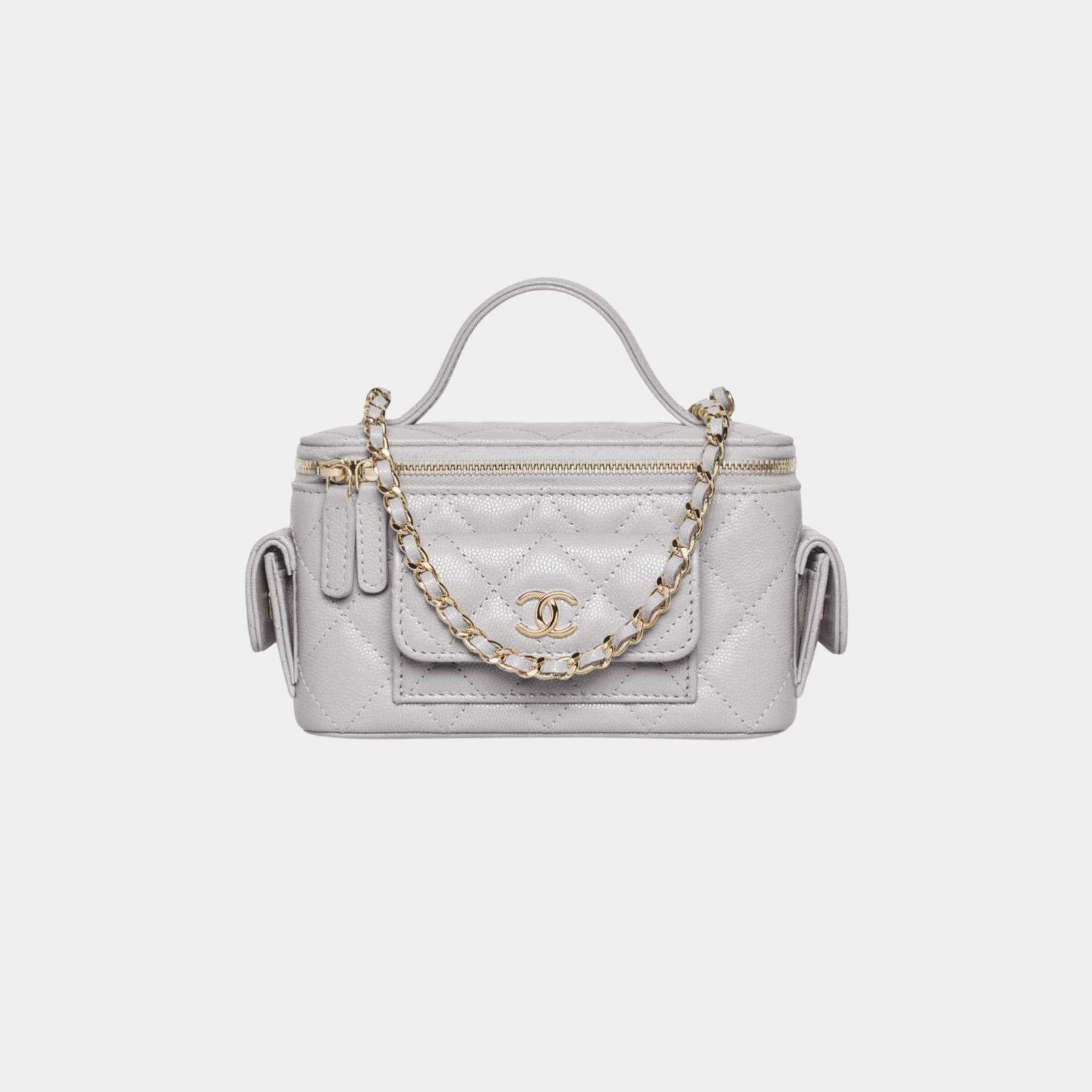 Chanel Vanity with Chain in Grained Shiny Calfskin and Gold Tone, Grey