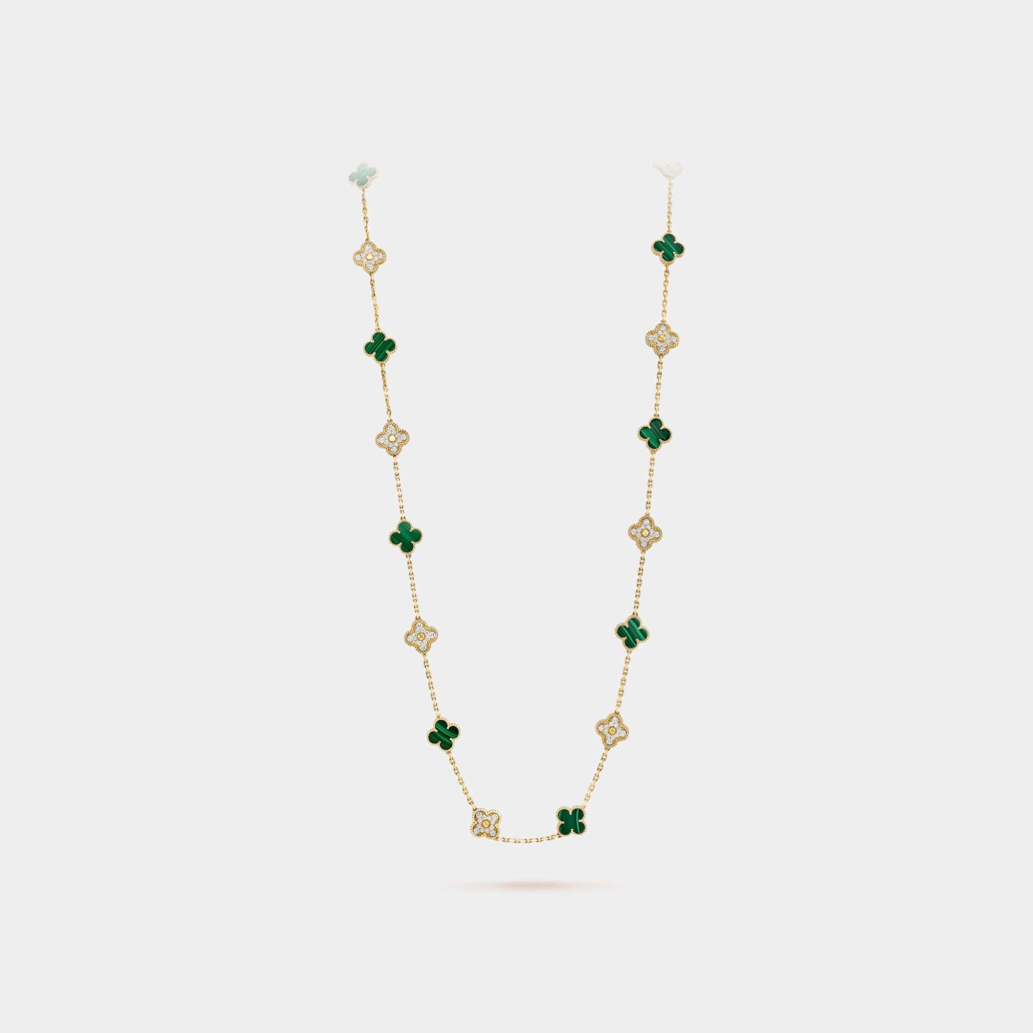 Vintage Alhambra Necklace 20 Motifs Yellow Gold & Malachite