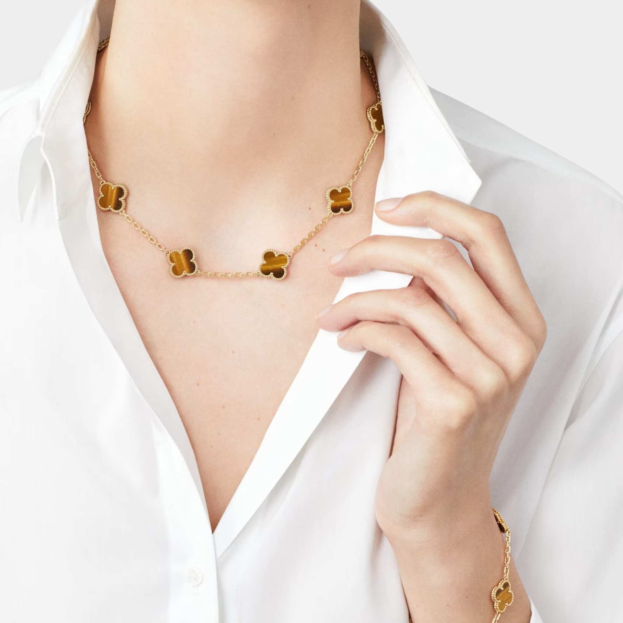 Vintage Alhambra Necklace 10 Motifs Yellow Gold Tiger Eye